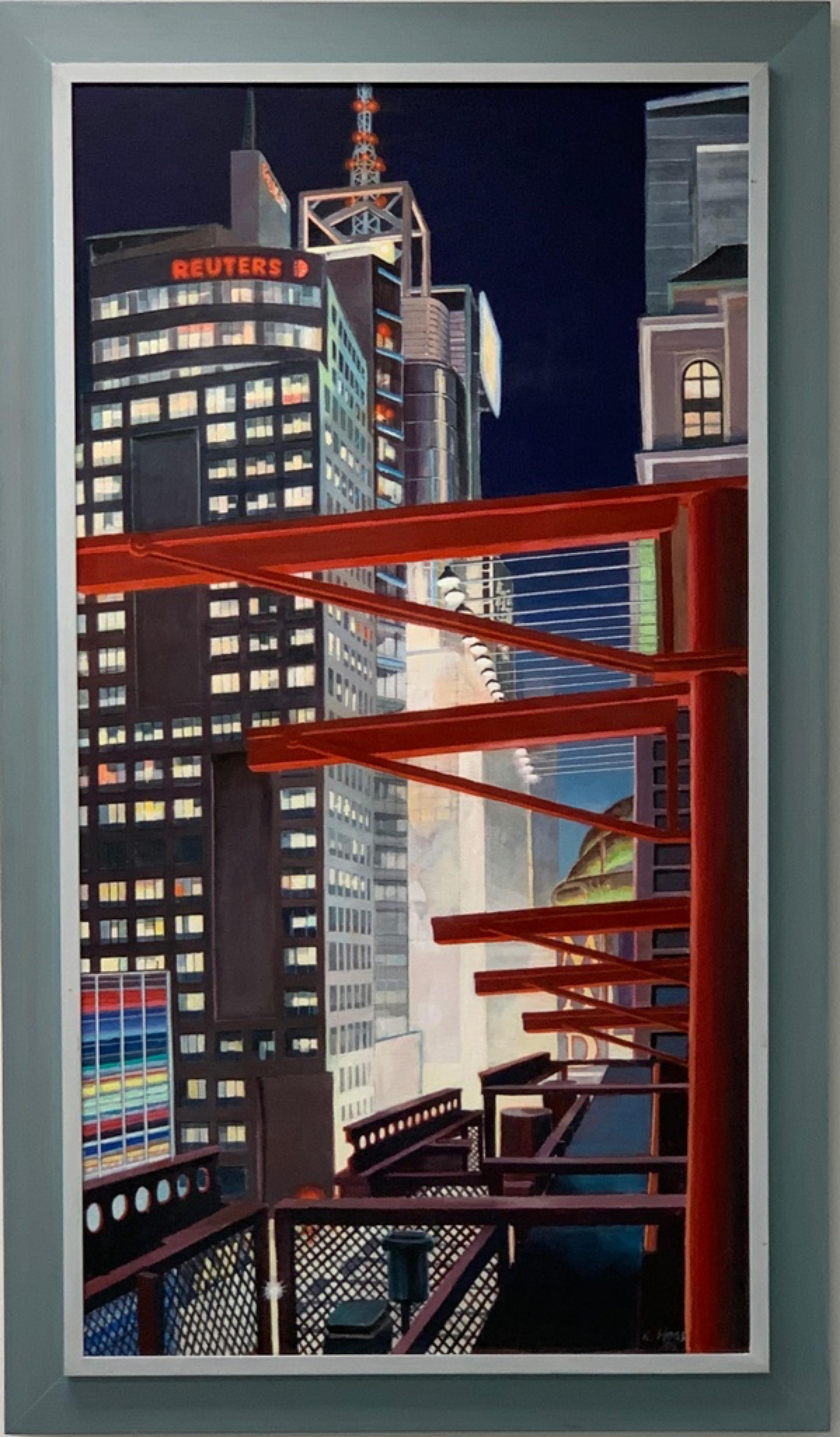 42nd Street at Night Unique Acrylic painting, best architectural muralist Signed