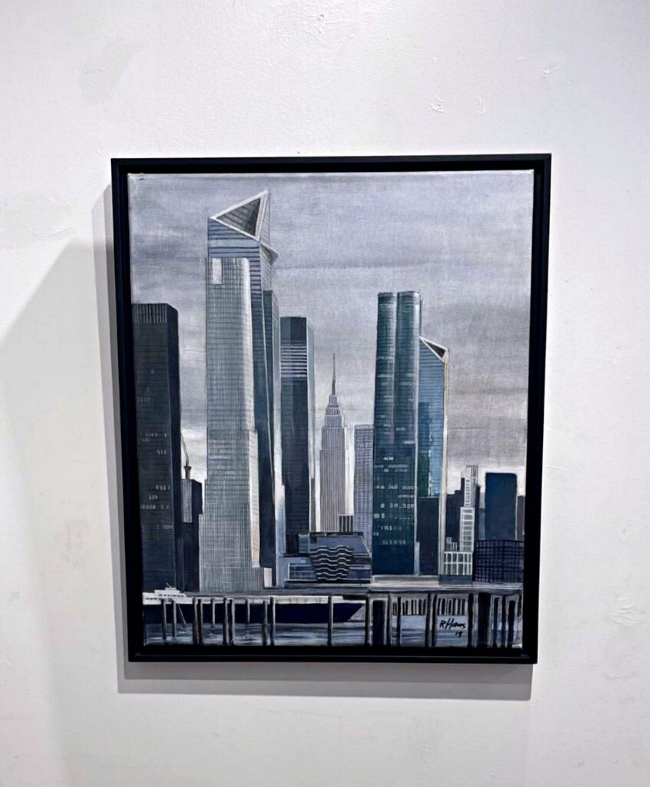 Hudson Yards pintura acrílica original firmada, famoso artista del trampantojo Enmarcado - Landscape Painting Gris de Richard Haas