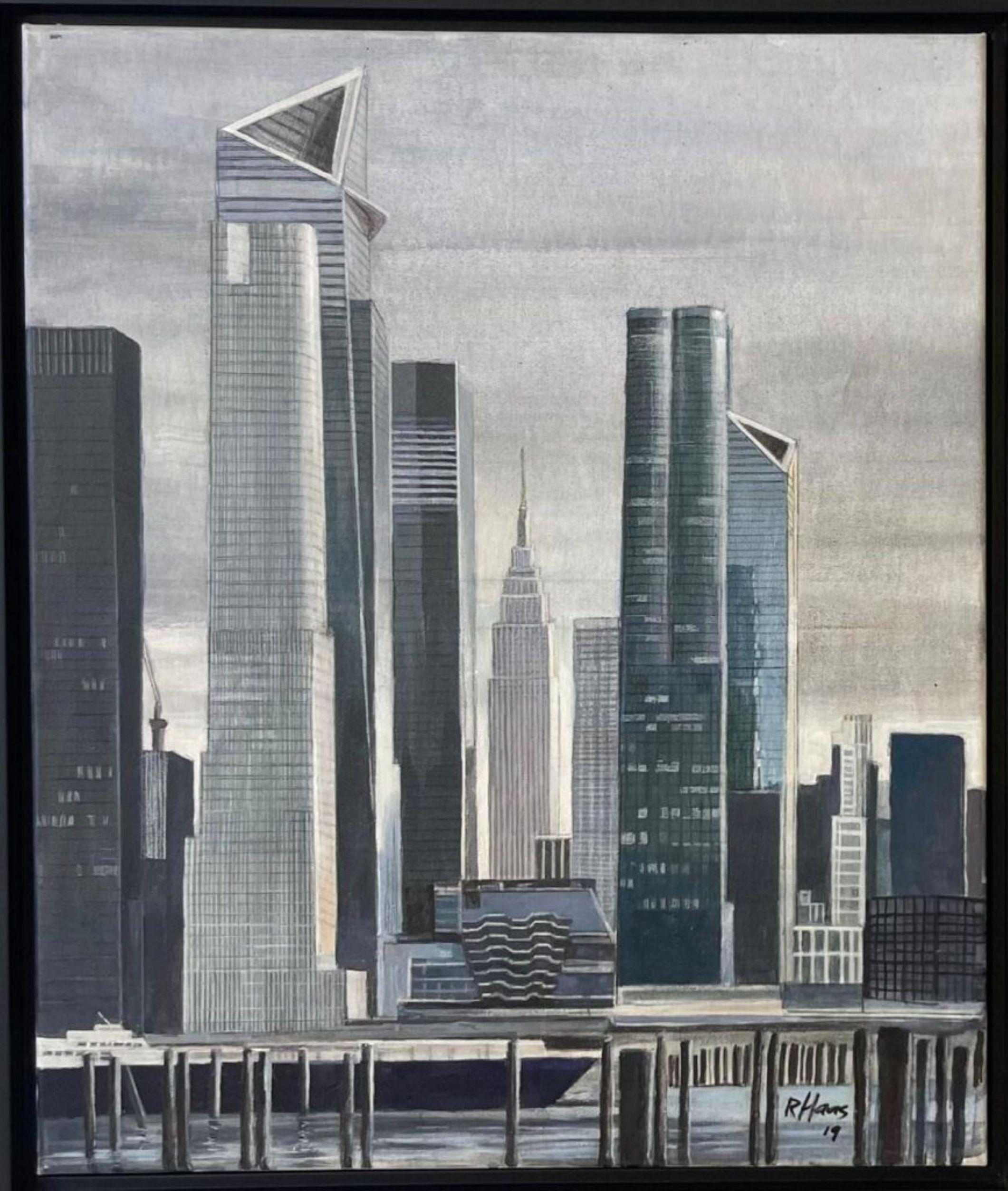 Landscape Painting de Richard Haas - Hudson Yards pintura acrílica original firmada, famoso artista del trampantojo Enmarcado