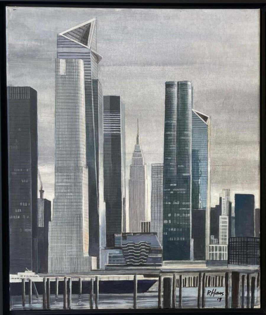 Hudson Yards original signed acrylic painting, famed trompe l'oeil artist Framed