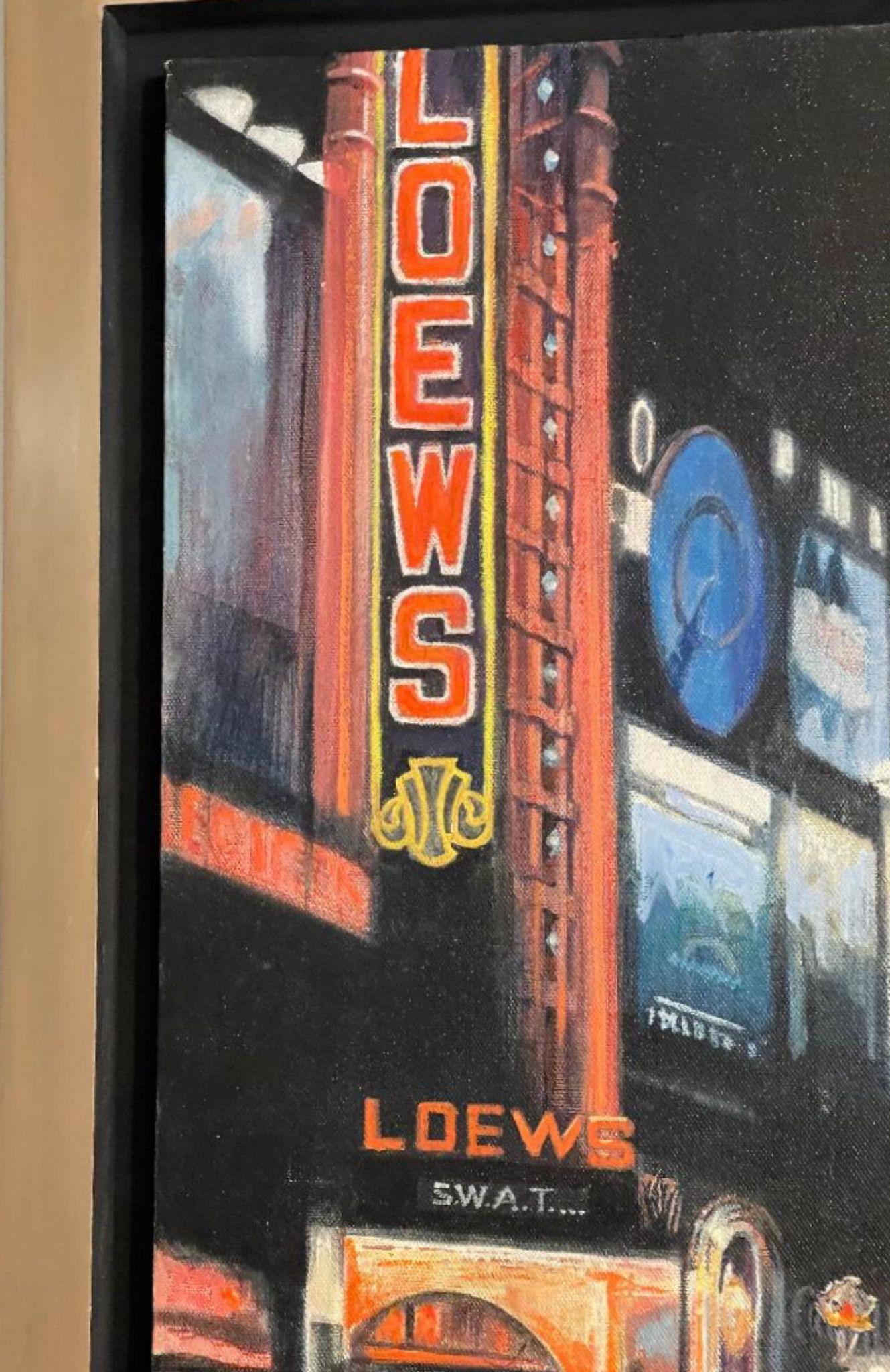 Times Square de noche, Empire y Loews firmado Cuadro al óleo y acrílico sobre lienzo - Figurative Painting Negro de Richard Haas