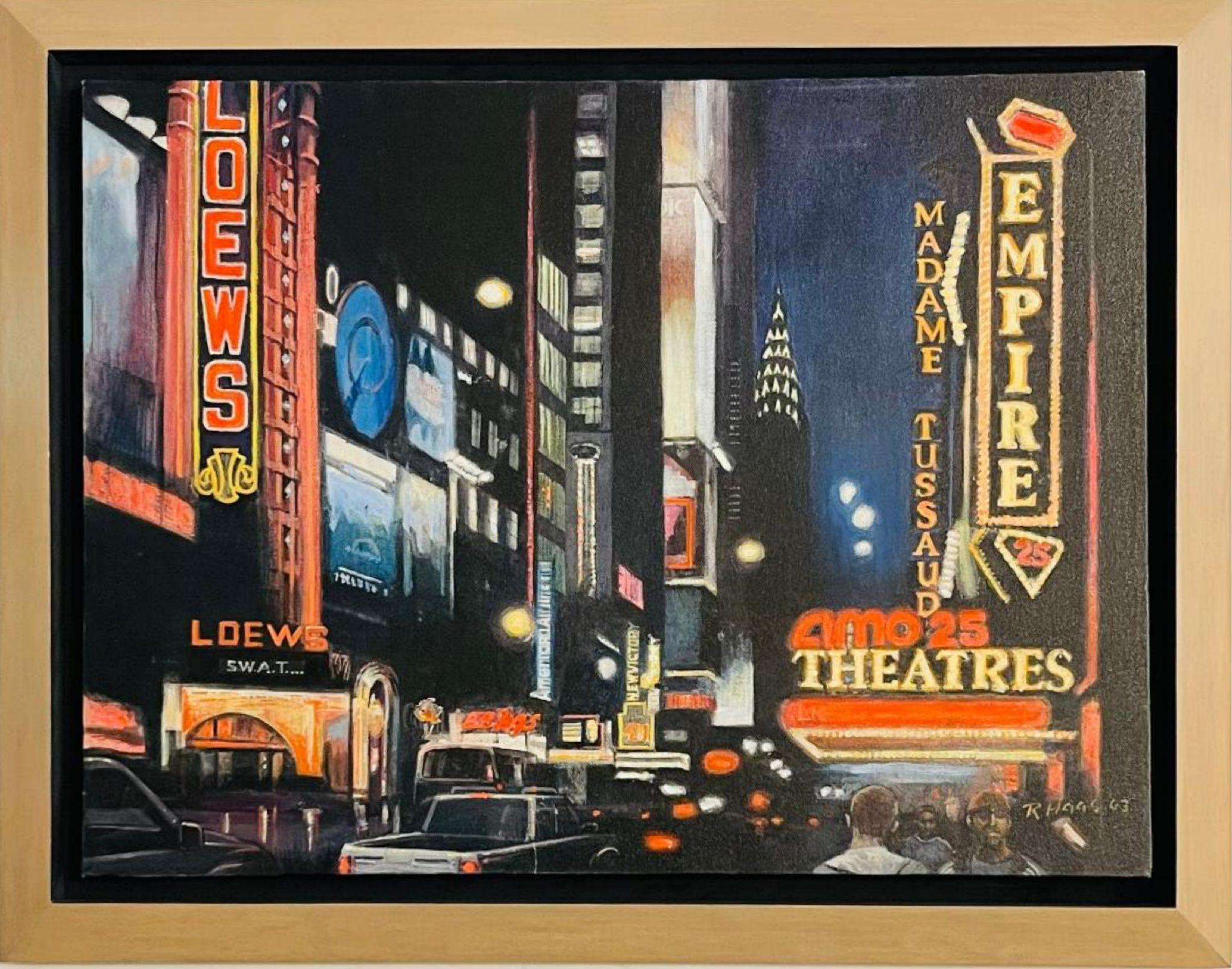 Times Square at Night, Empire and Loews signed Oil & acrylic painting on canvas