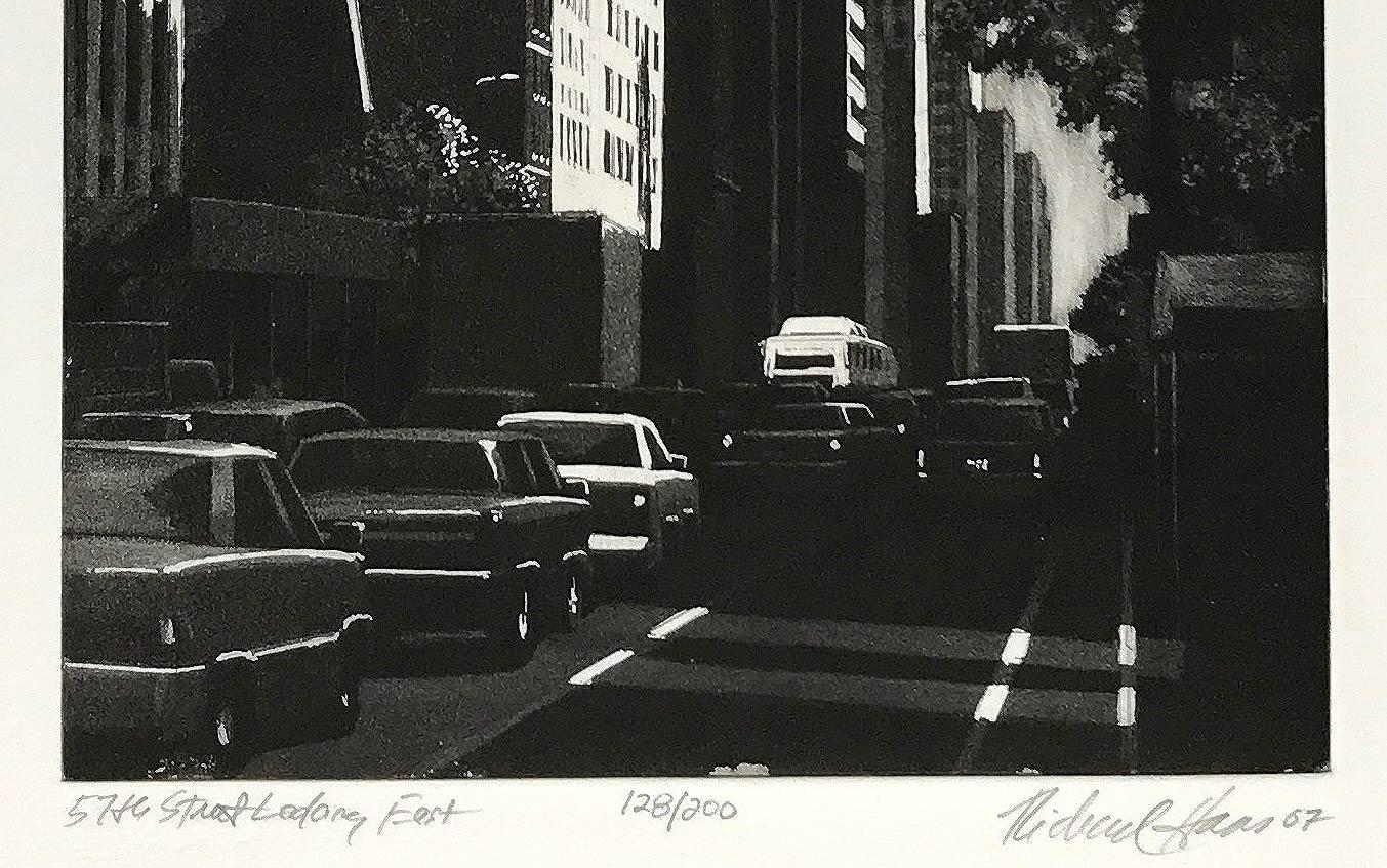 57th St. Looking East (View down Sixth Ave/ Fuller BLDG, the Ritz and IBM seen) - American Modern Print by Richard Haas