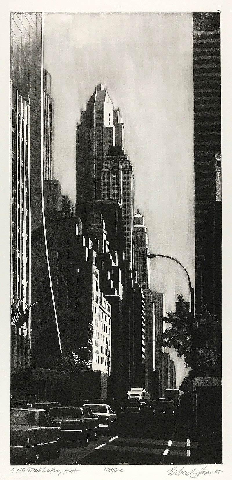 57th St. Looking East (View down Sixth Ave/ Fuller BLDG, the Ritz and IBM seen) - Black Portrait Print by Richard Haas