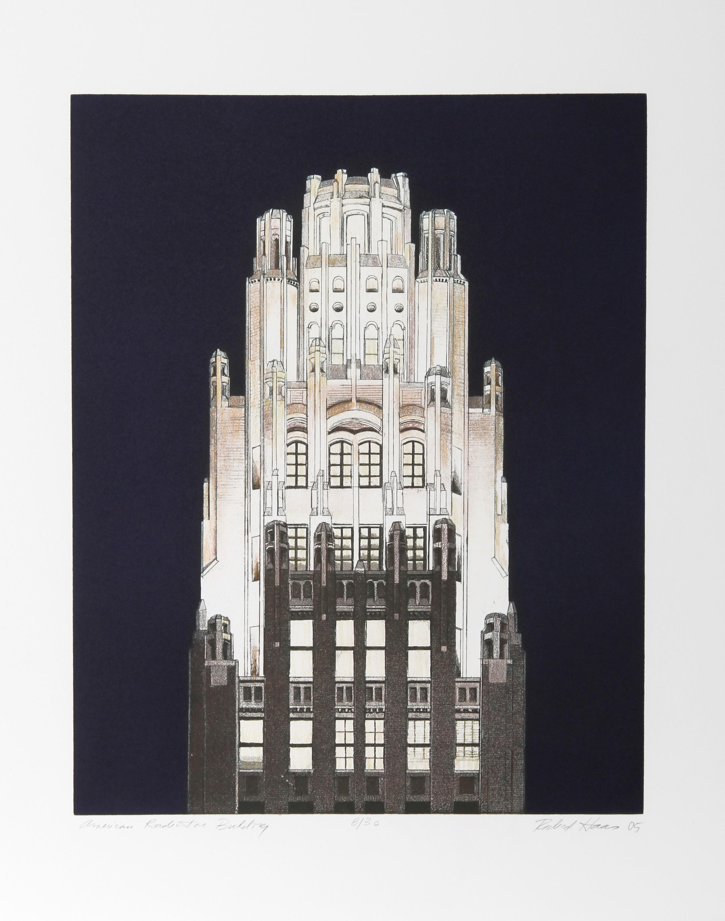 Richard Haas, American (1936 - ) -  American Radiator Building (Blue). Year: 2005, Medium: Etching, signed and numbered in pencil, Edition: 30, Image Size: 20 x 16 inches, Size: 26  x 21 in. (66.04  x 53.34 cm), Description: An iconic Art Deco
