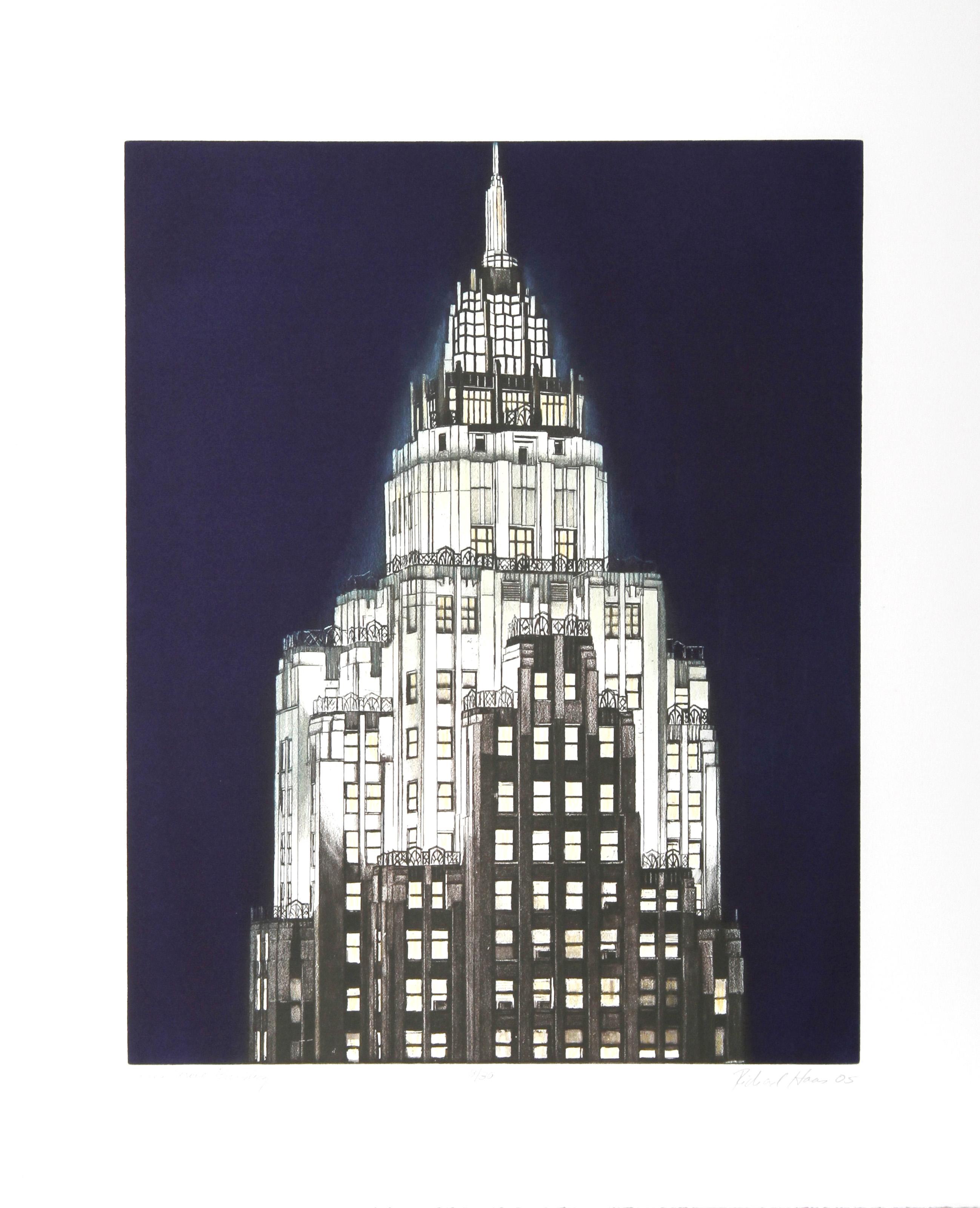 Richard Haas, American (1936 - ) -  Cities Services Building (Blue). Year: 2005, Medium: Etching, signed and numbered in pencil, Edition: 30, Image Size: 20 x 16 inches, Size: 26  x 21 in. (66.04  x 53.34 cm), Description: An iconic Art Deco etching