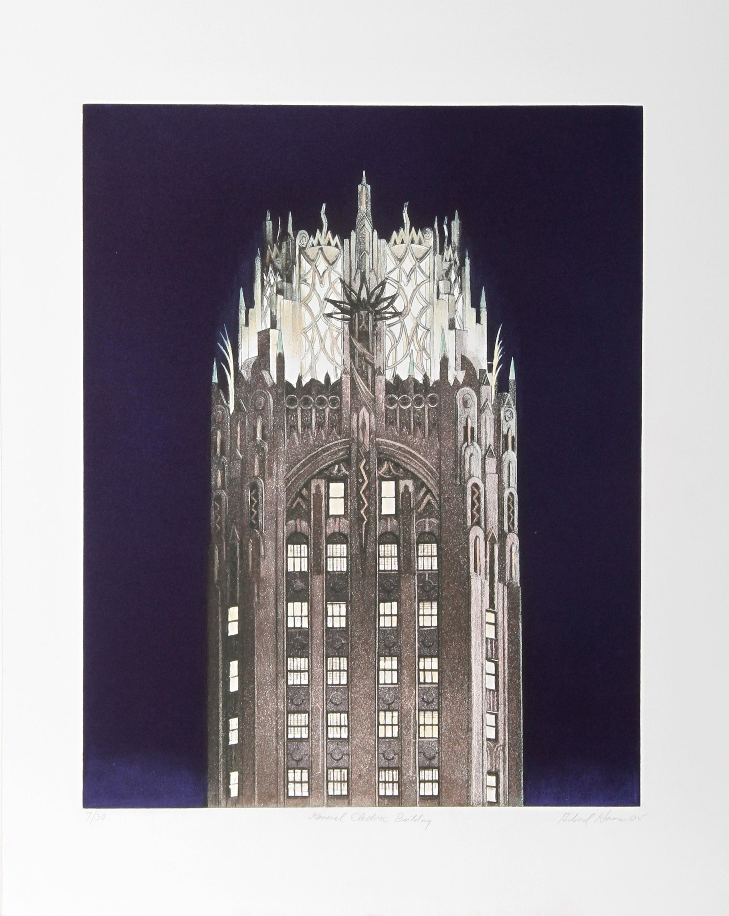Richard Haas, American (1936 - ) -  General Electric Building (Blue). Year: 2005, Medium: Etching, signed and numbered in pencil, Edition: 30, Image Size: 20 x 16 inches, Size: 26  x 21 in. (66.04  x 53.34 cm), Description: An iconic etching