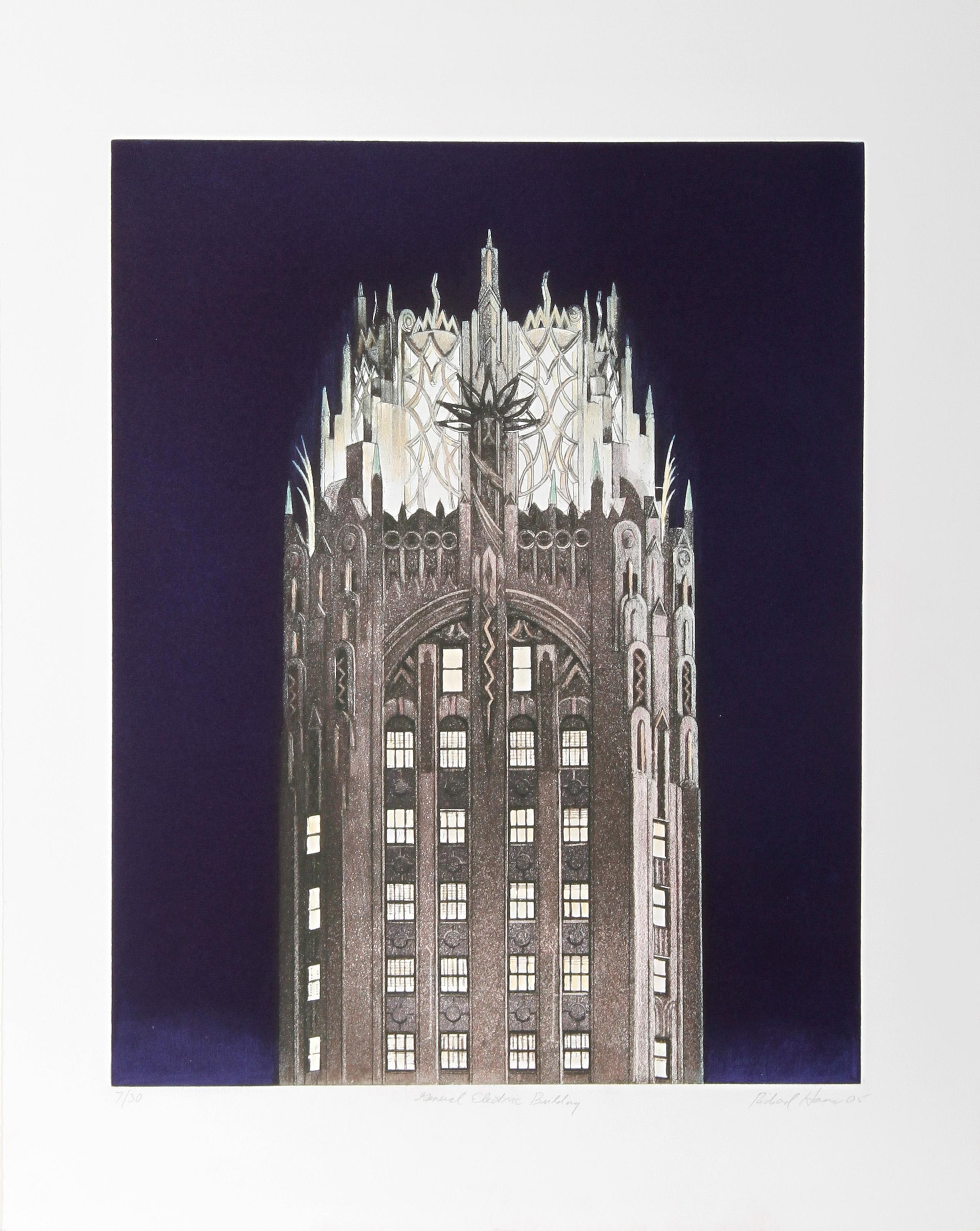 A. Richard Haas, Americano (1936 - ) -  Edificio General Electric (blu). Anno: 2005, Medium: Acquaforte, firmata e numerata a matita, Edizione: 30, Dimensioni immagine: 20 x 16 pollici, Dimensioni: 26  x 21 pollici (66,04  x 53,34 cm), Descrizione: