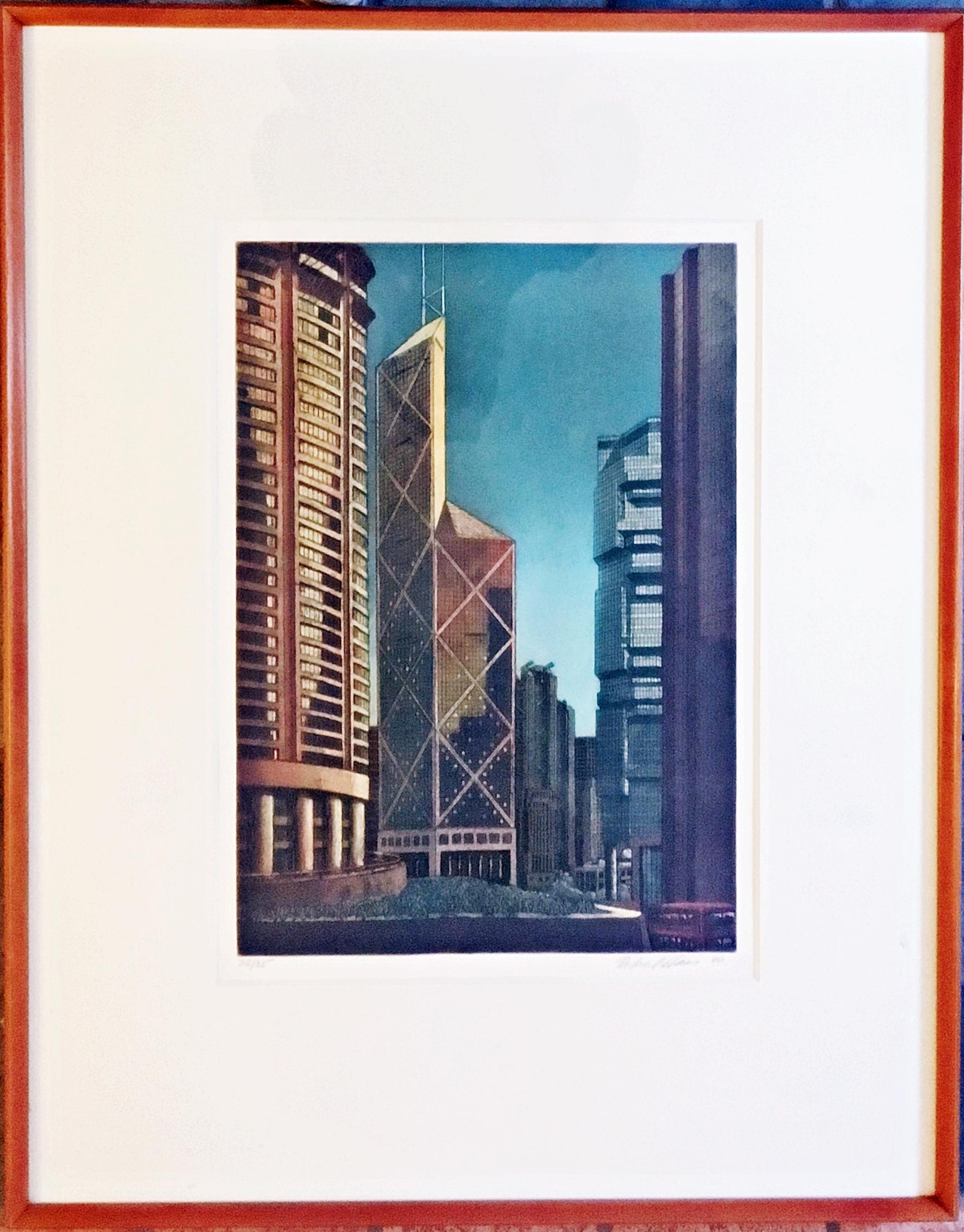 Richard Haas 
Hong Kong, 1990
Etching and Aquatint on wove paper
Hand Signed, numbered and dated on the front
Frame included; held in the original vintage hand made wood frame done by PSG 
This impressive, framed lithograph of Hong Kong is by