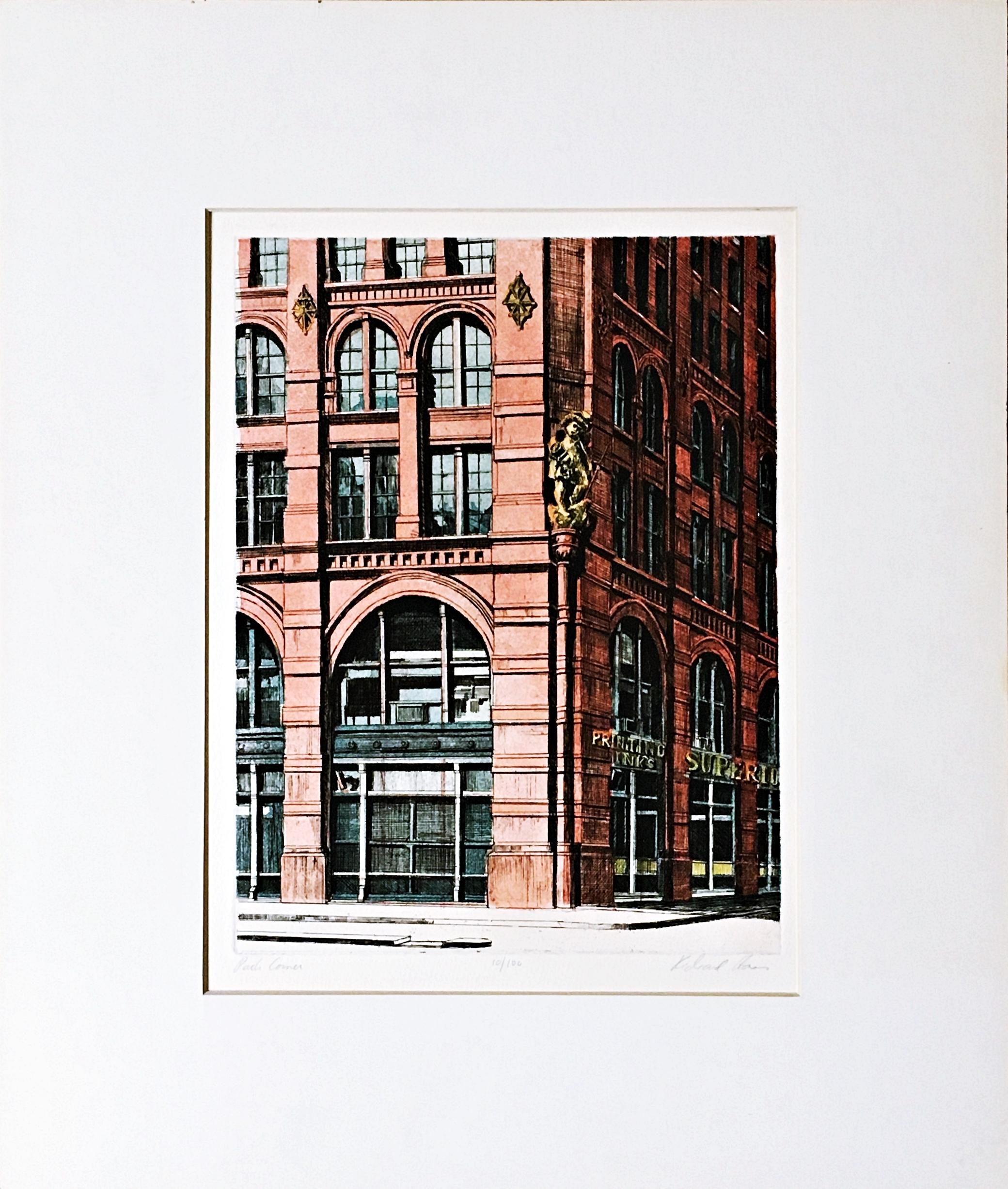 Puck Corner, SOHO, Nueva York firmado y numerado 10/100 por el mejor artista de arquitectura - Print de Richard Haas