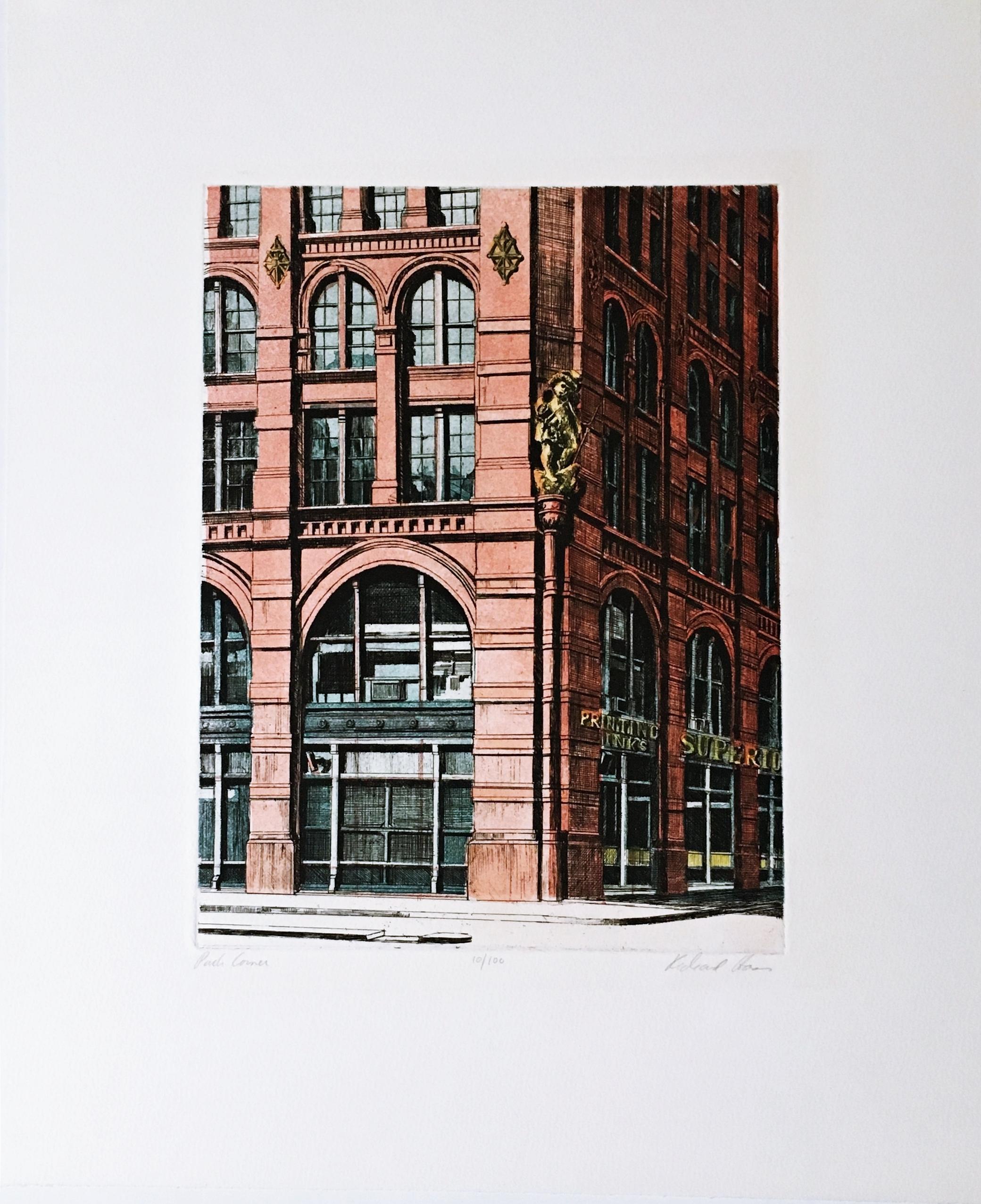 Puck Corner, SOHO, Nueva York firmado y numerado 10/100 por el mejor artista de arquitectura - Print Realista de Richard Haas