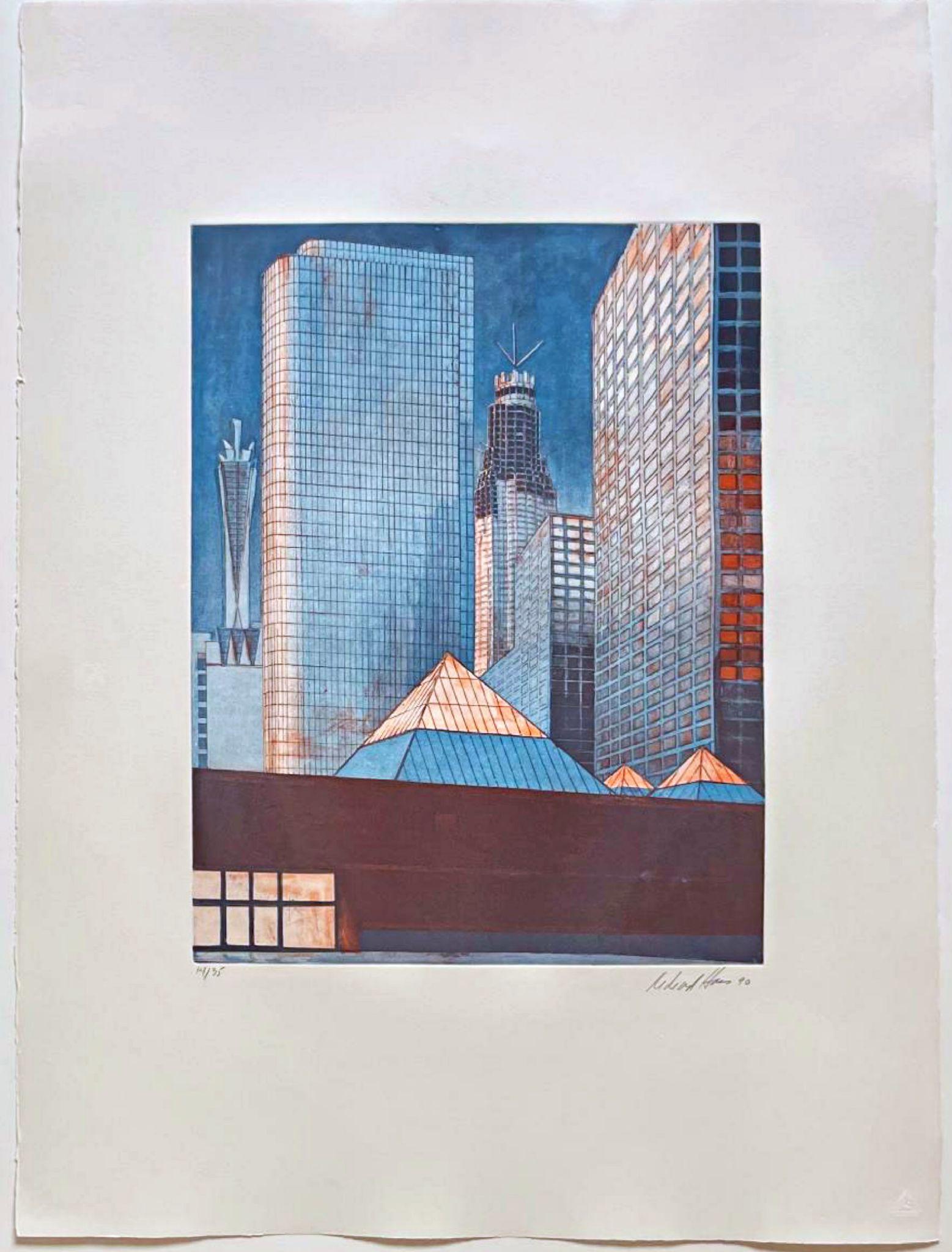Richard Haas, Downtown Los Angeles MOCA, acquaforte e acquatinta, firmato/N, incorniciato in vendita 1