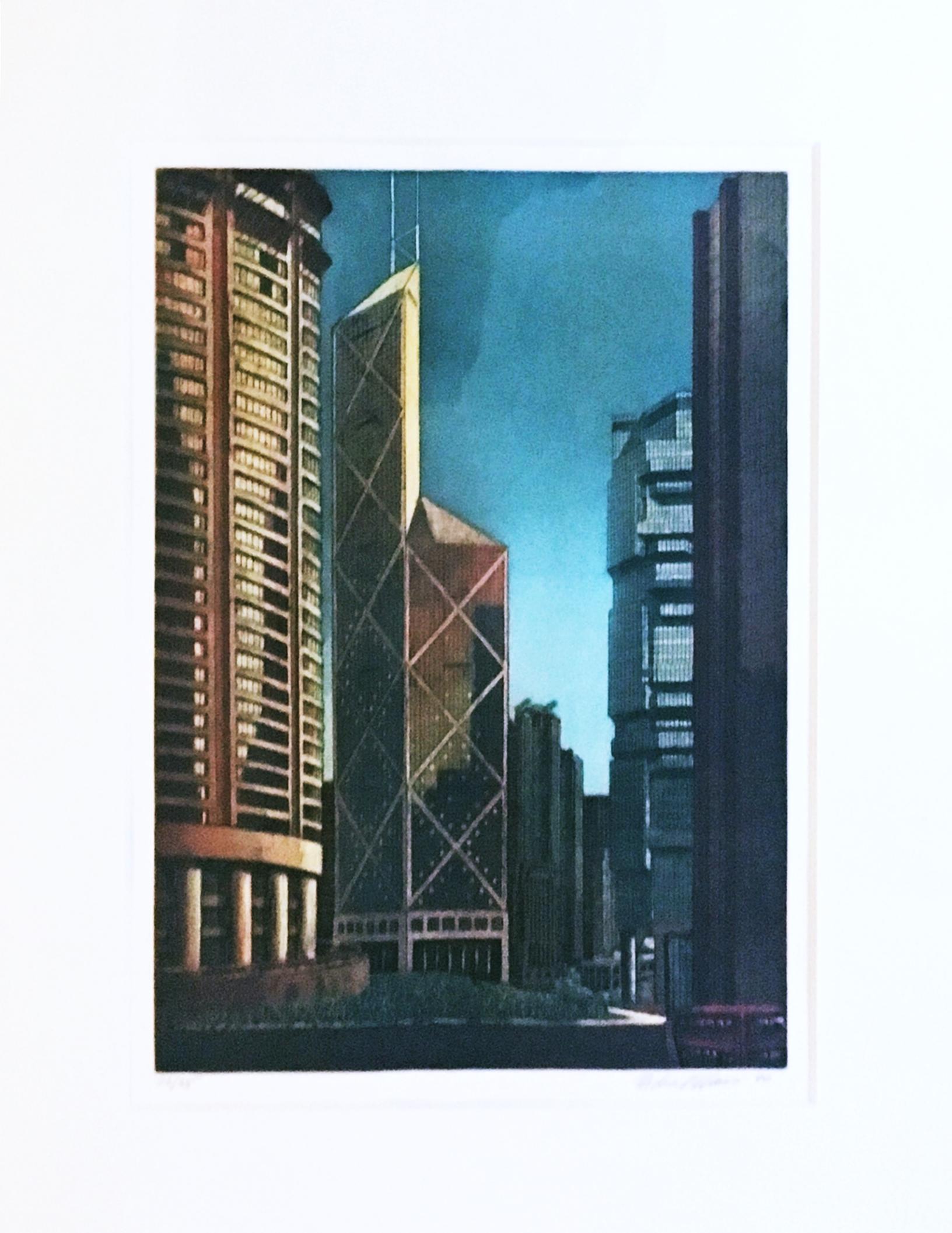 Richard Haas 
Hong Kong, 1990
Aguafuerte y aguatinta sobre papel tejido
Firmado a mano, numerado 26/35 y fechado en el anverso
Marco incluido; se mantiene en el marco de madera vintage original hecho a mano por PSG 
Esta impresionante litografía