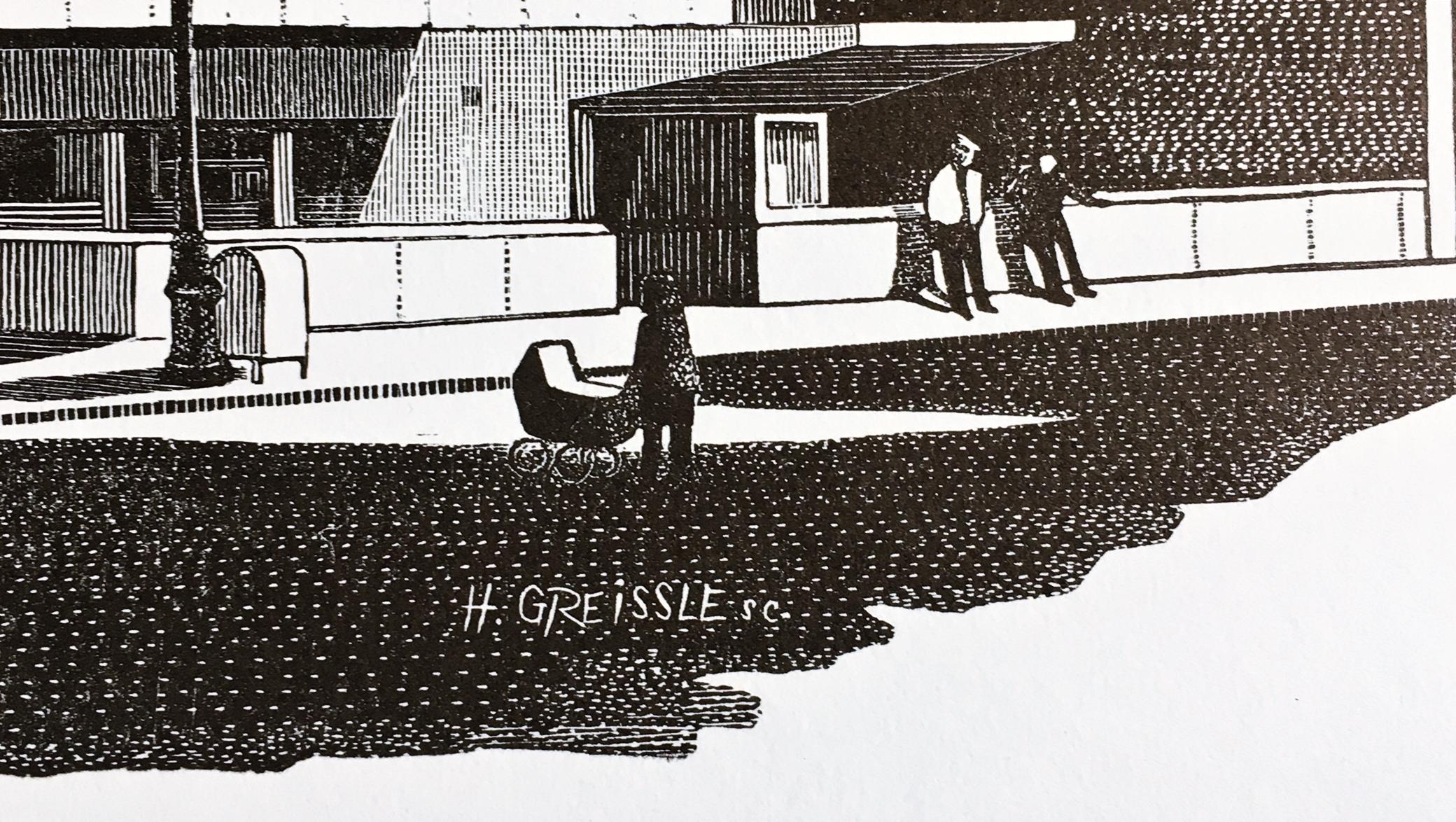 The original Whitney, Marcel Breuer Building (now Sotheby's), Woodcut engraving - Realist Print by Richard Haas