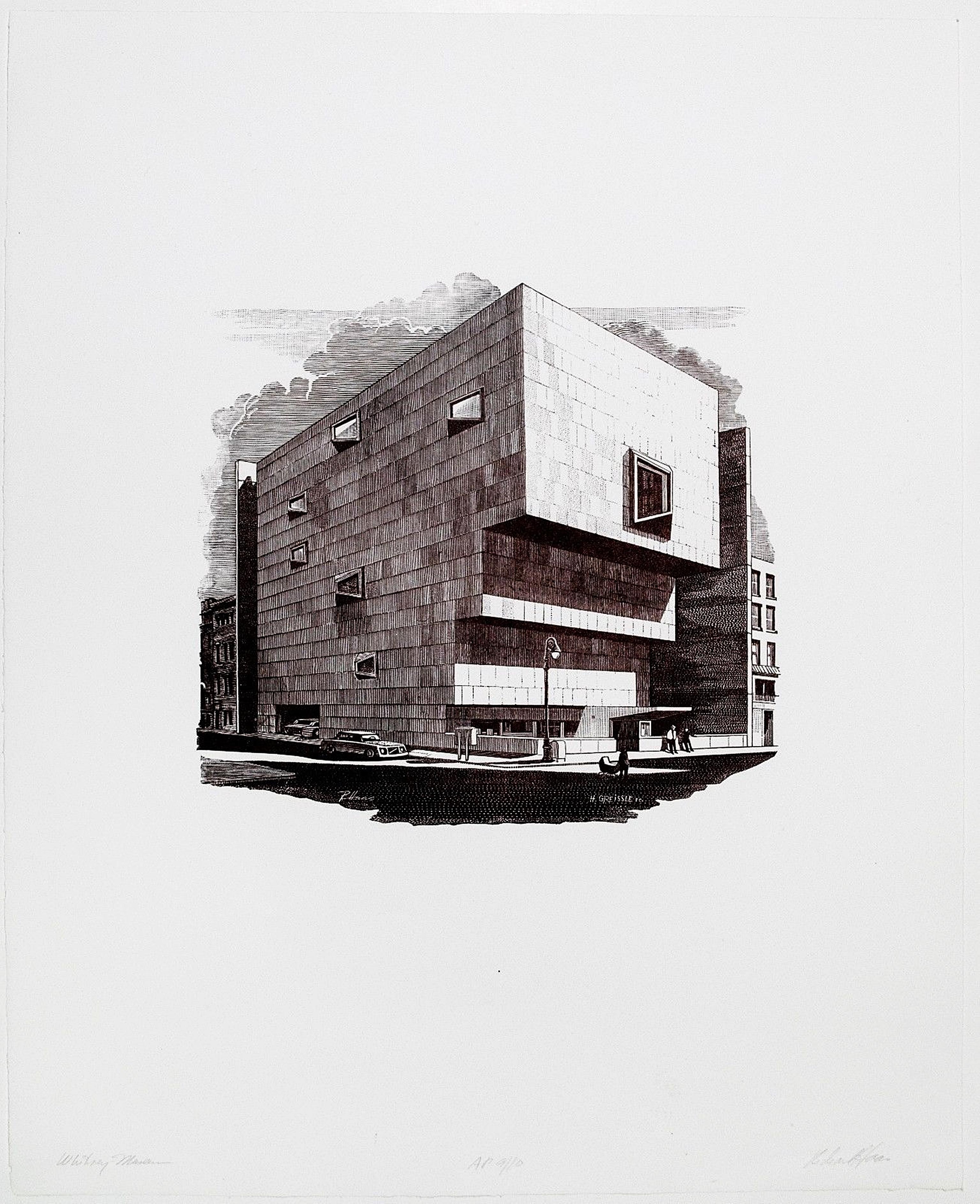 Richard Haas Landscape Print - The original Whitney, Marcel Breuer Building (now Sotheby
s), Woodcut engraving