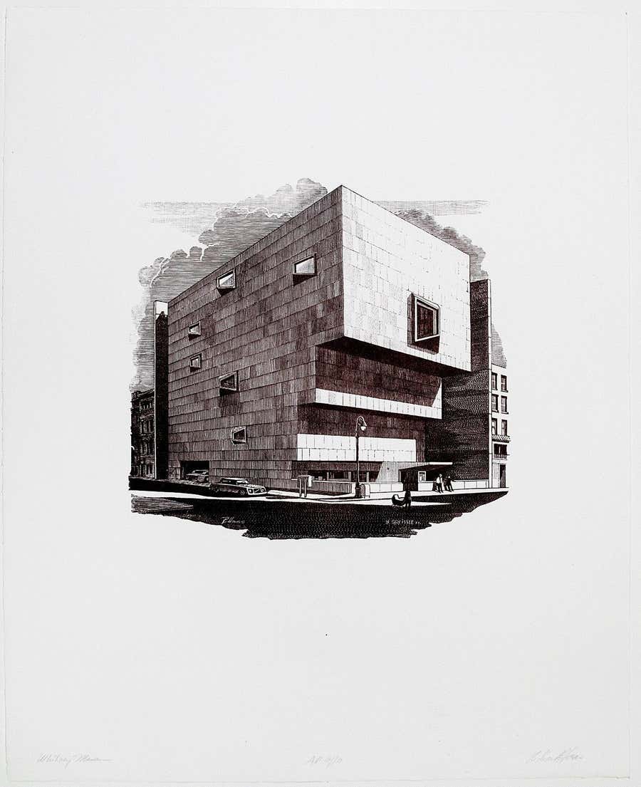 The original Whitney, Marcel Breuer Building (now Sotheby's), Woodcut engraving