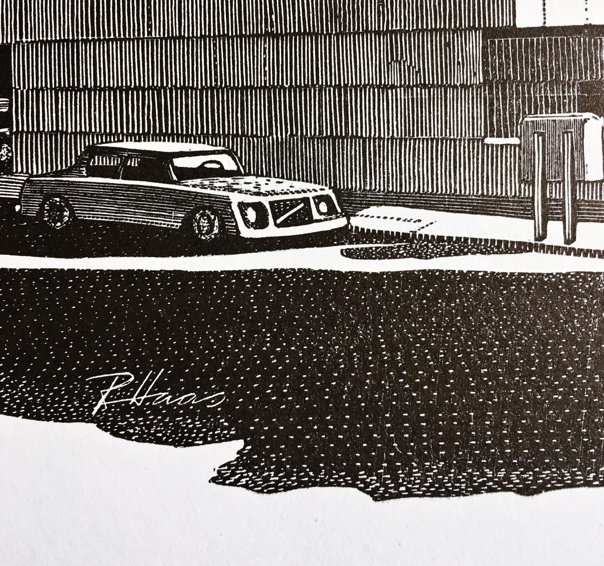 Richard Haas 
Das Whitney (Marcel Breuer Gebäude), 1979
Holzschnitt-Stich
Signiert, betitelt, datiert und nummeriert vom Künstler auf der Rückseite. Dies ist ein seltener Artist Proof 9/10, abgesehen von der regulären Auflage von 60 Stück.
22 3/4 ×