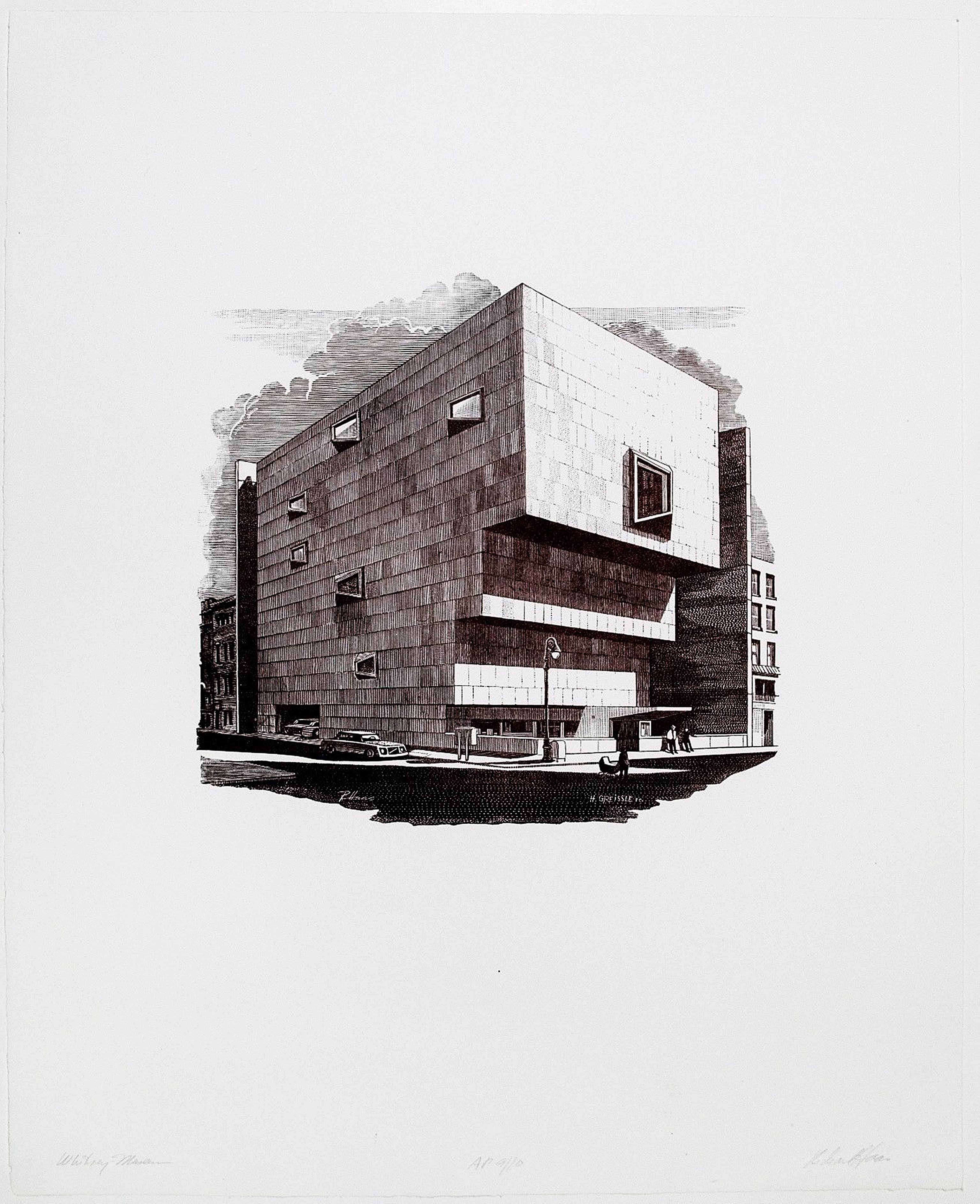 Richard Haas Figurative Print – Das Whitney-Gebäude (Marcel Breuer)