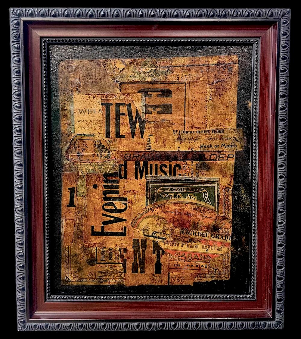 Encuentra al elegante gato negro en este collage vintage de papel de periódico - Mixed Media Art de Richard Hackett