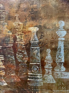 Mid 20thC Painting, Ghost-like Figures Against Bronze Background