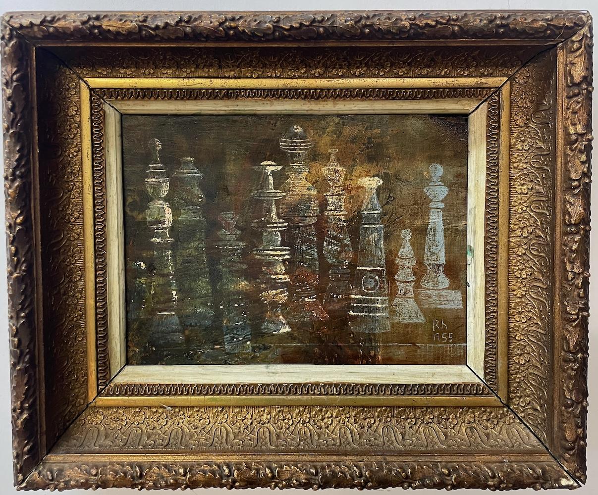 Pittura della metà del XX secolo, figure simili a fantasmi su uno sfondo di bronzo