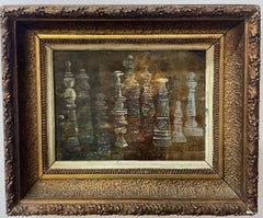 Pittura della metà del XX secolo, figure simili a fantasmi su uno sfondo di bronzo