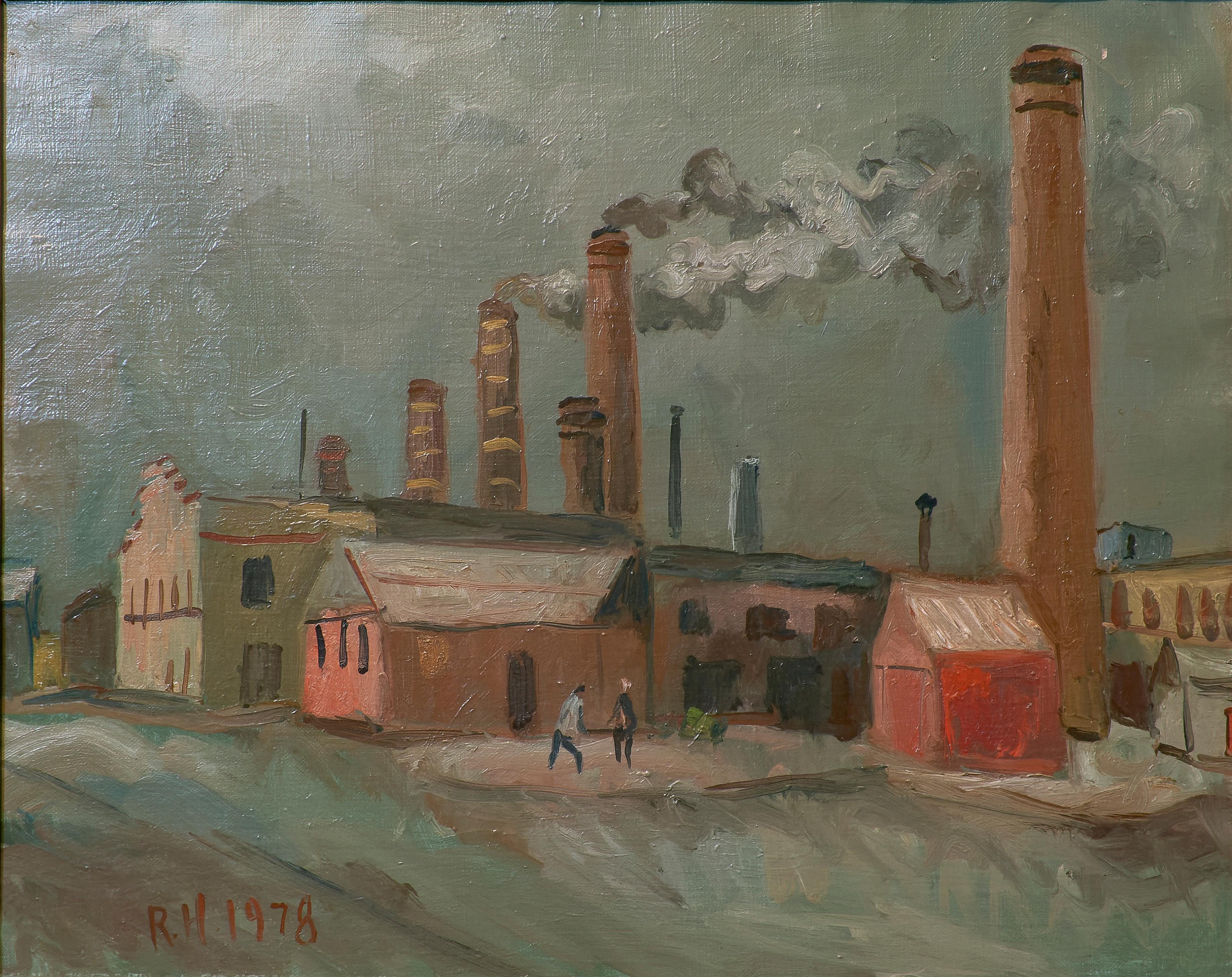 Richard Hackett (1917-1989, estadounidense) Pintura de paisaje industrial 1