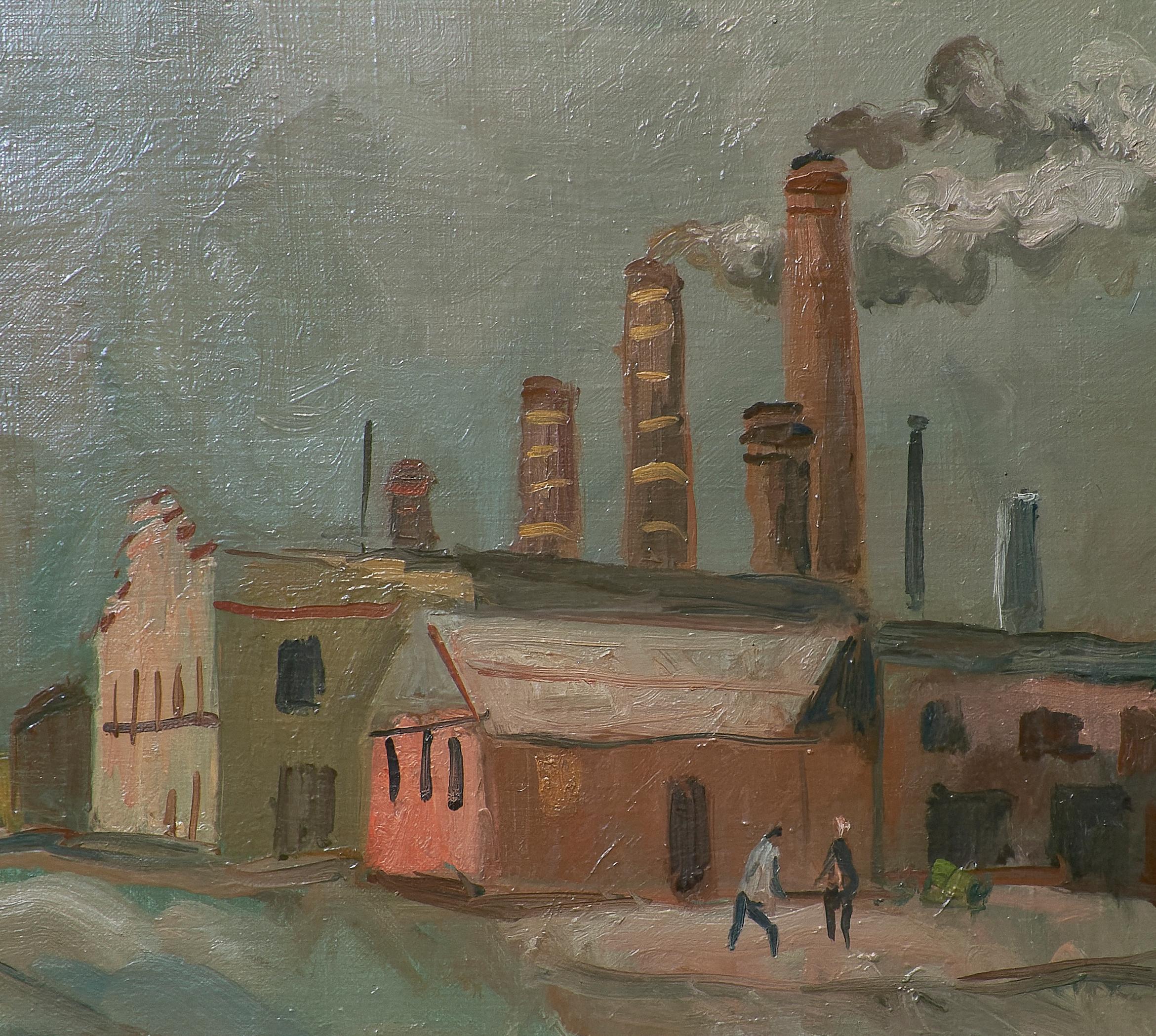 Richard Hackett (1917-1989, estadounidense) Pintura de paisaje industrial 2