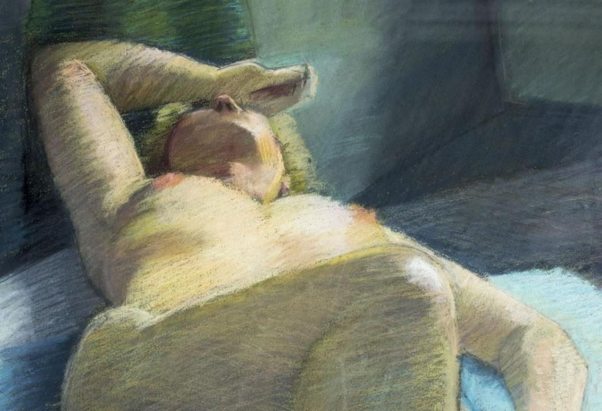 What talent is apparent here! The accurate foreshortening of the nude figure and body proportions alone were enough to get my attention. But the rendering of light is also wonderful, and I love the confident pastel strokes that he has left clearly
