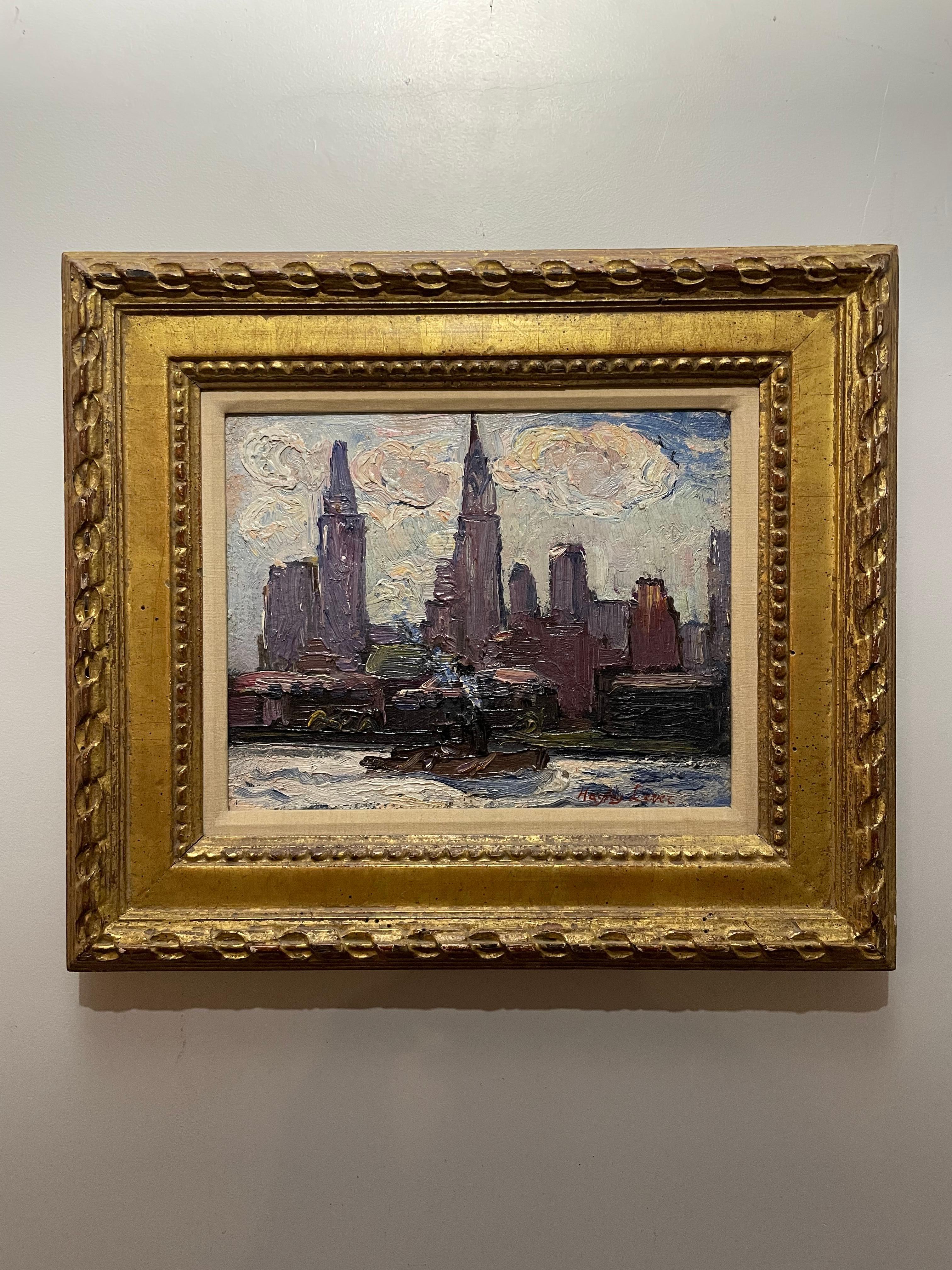 1925 Tugboat New York City Skyline EAST RIVER Chrysler Building - Painting by Richard Haley Lever