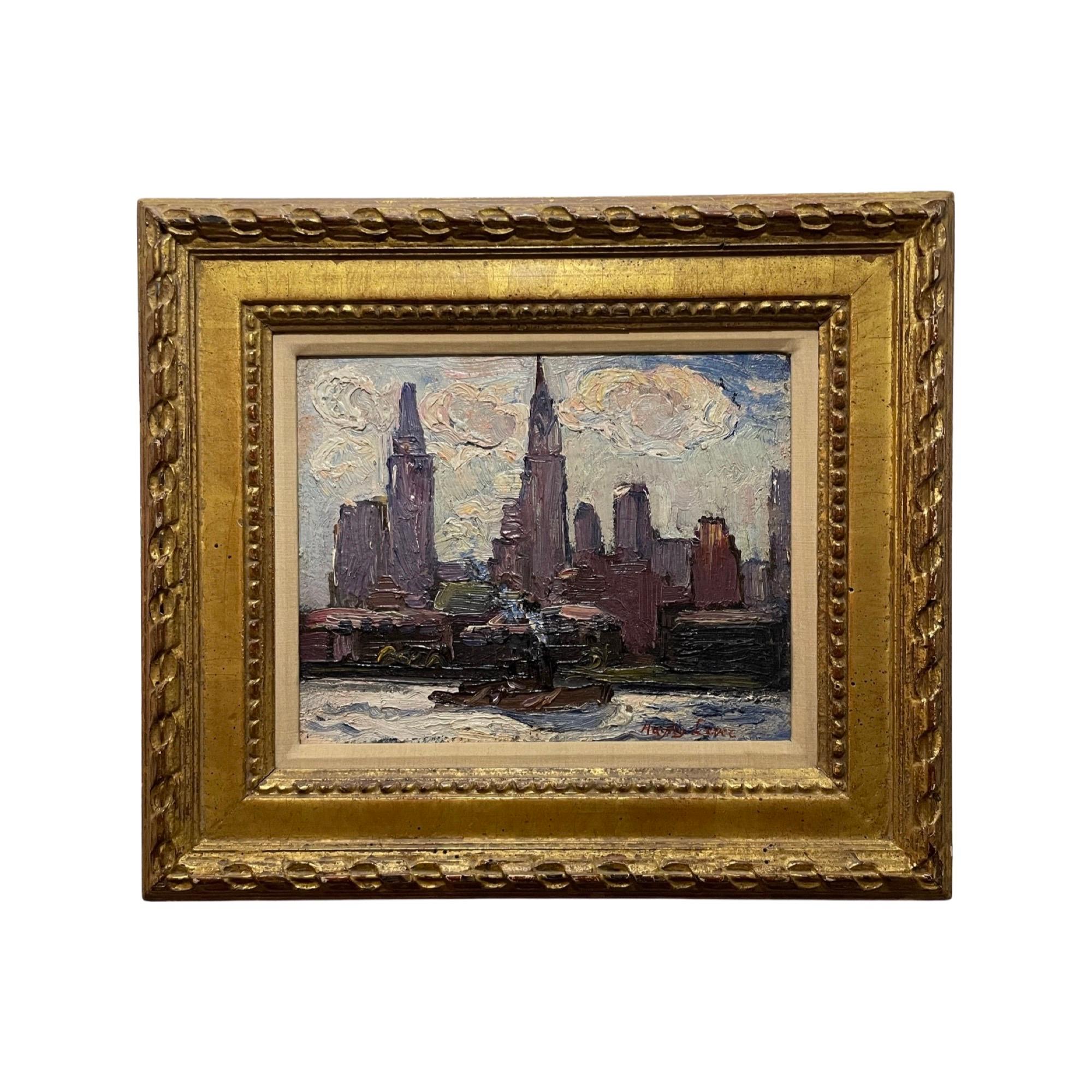 Richard Haley Lever Landscape Painting - 1925 Tugboat New York City Skyline EAST RIVER Chrysler Building