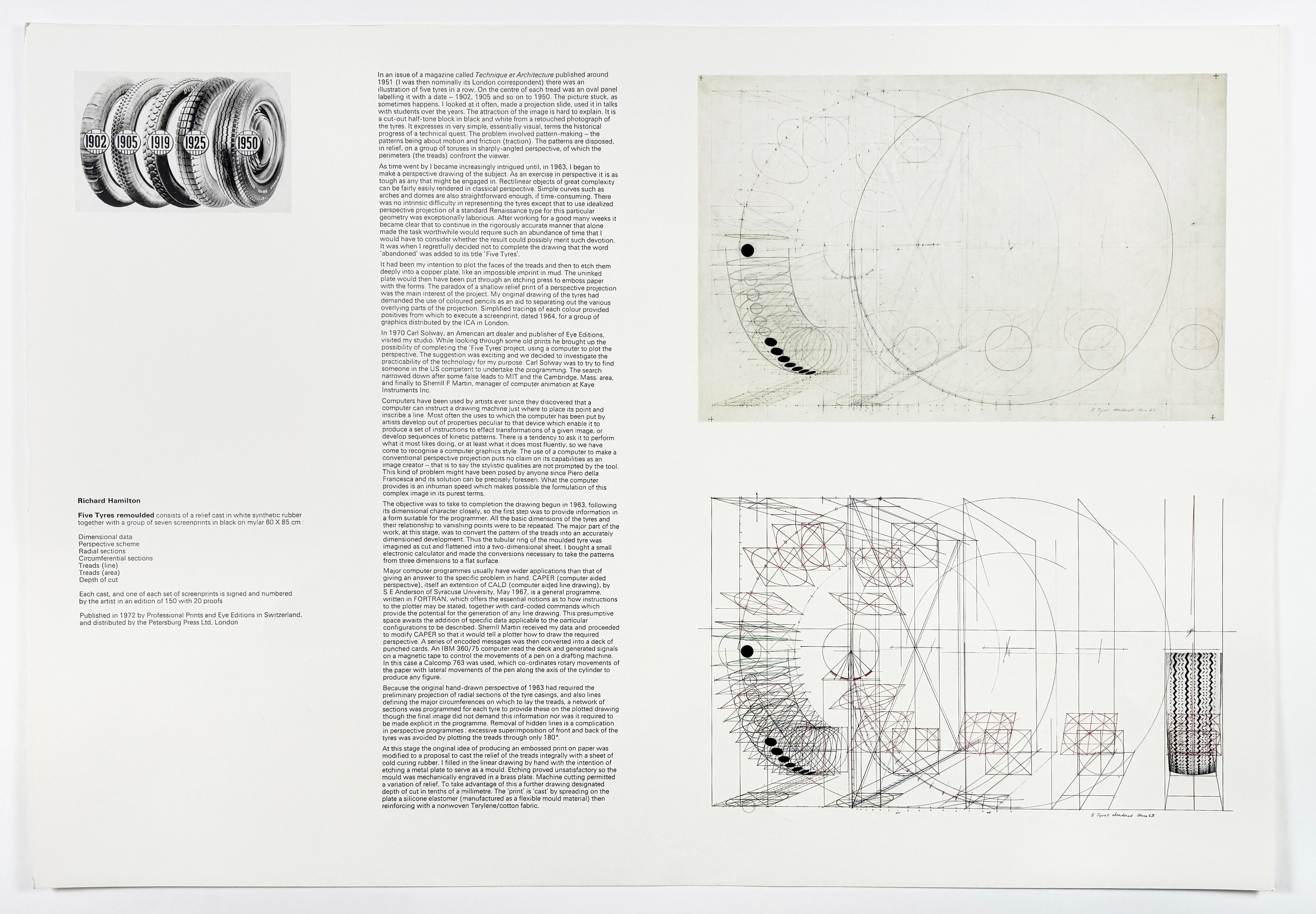 Print with schematics and text from Richard Hamilton's Five Tyres Remoulded portfolio, featuring imagery from the portfolio.

5 color collotype sheet printed on card from Five Tyres Remoulded 1971 portfolio
Sheet 23.64 x 33.46 in. 

