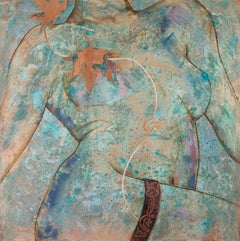 "Arabesque Unplugged", peinture à l'huile sur cuivre   Patine oxydée bleue pour femme nue