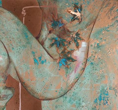 „Akzent“ Ölgemälde auf Kupfer   weiblicher Akt abstrakte blaue oxidierte Patina