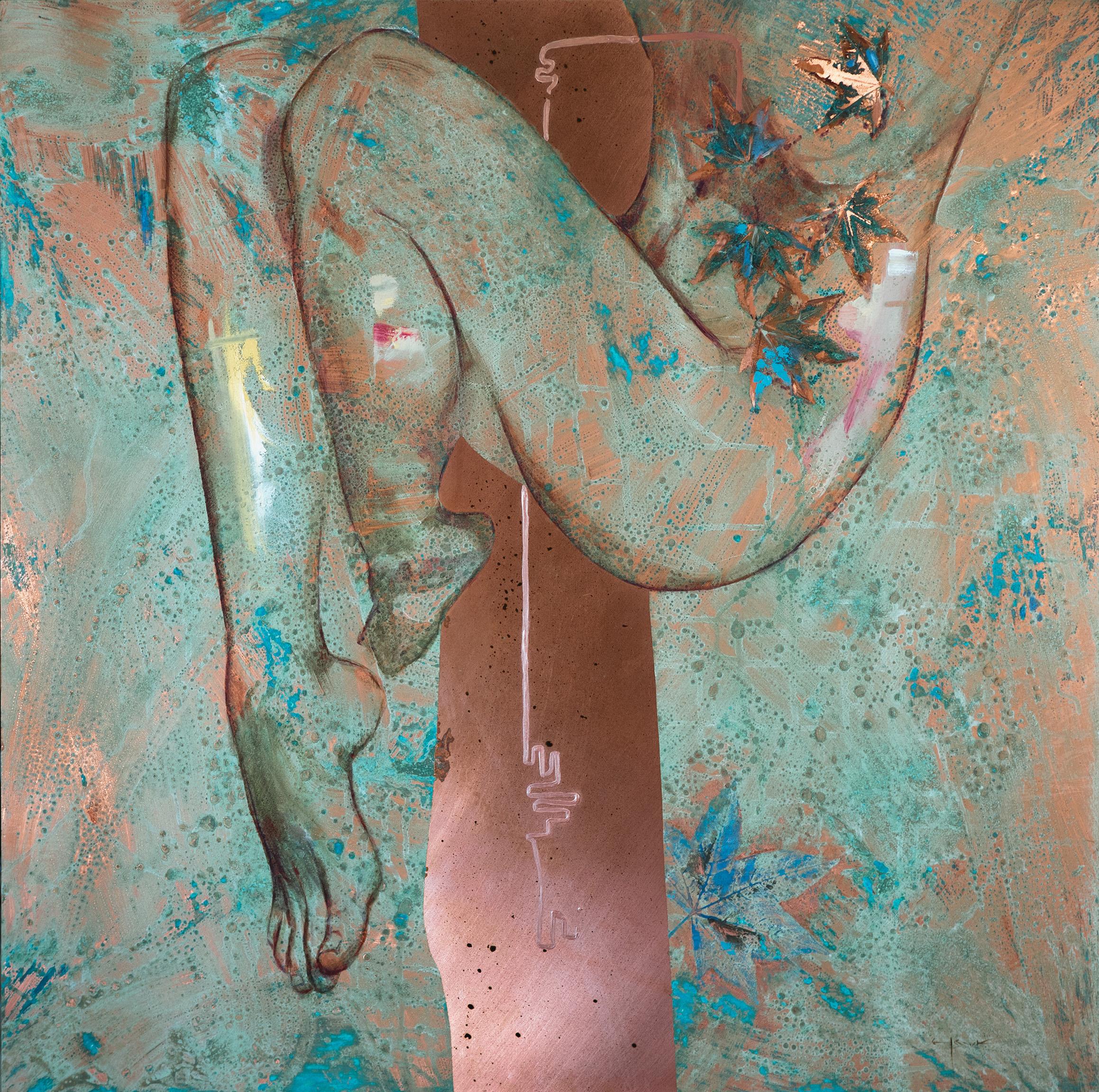 Peinture à l'huile sur cuivre « Ascent »   Femme nue abstraite patinée bleu oxydé