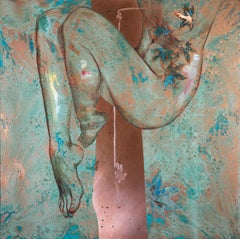 "Ascent" Oil painting on Copper   Female Nude Abstract blue oxidized patina