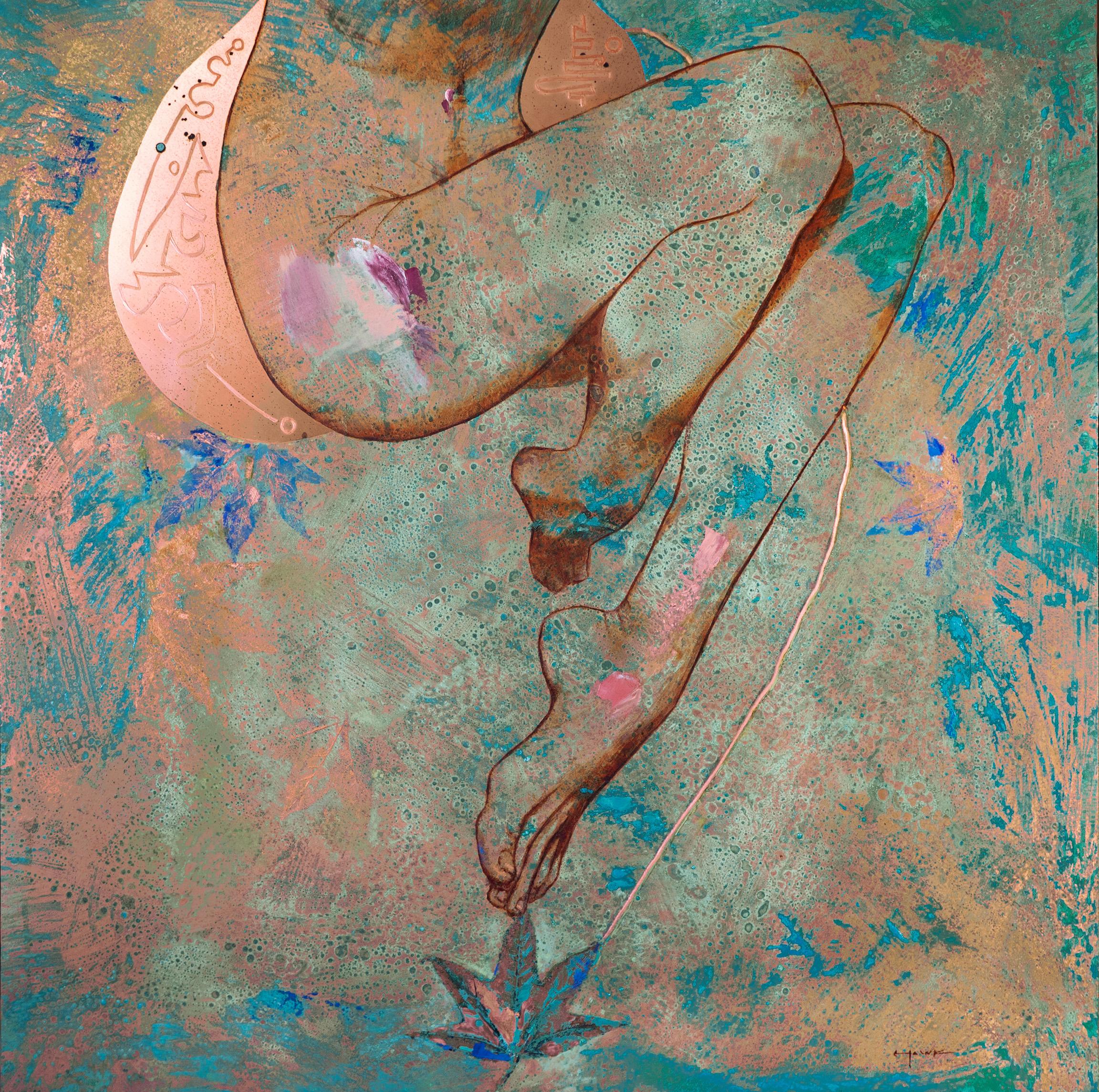 Richard Hawk Nude Painting - "Equilibrium" Oil painting on Copper   Female Nude Abstract blue oxidized patina