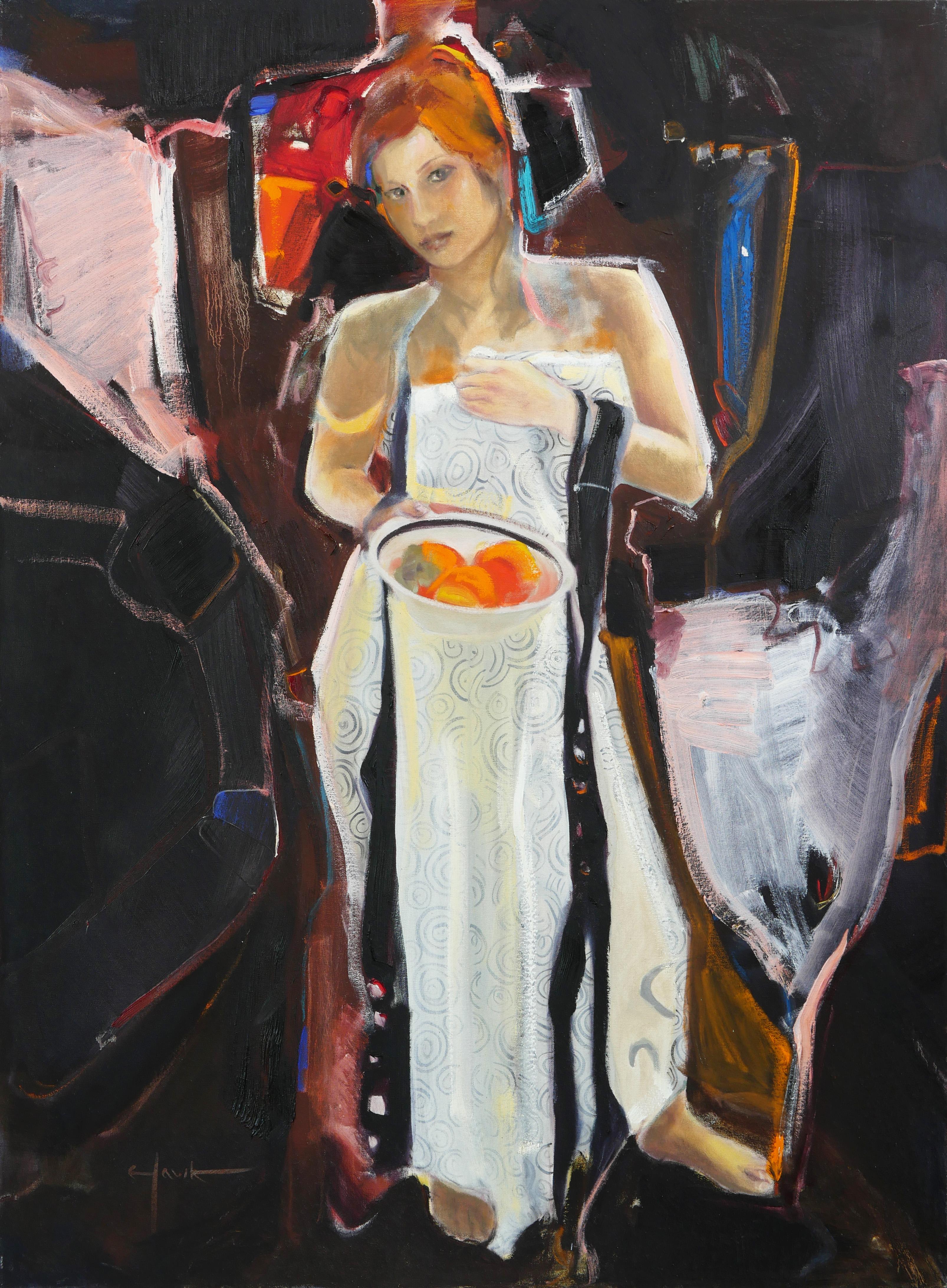 Richard Hawk Figurative Painting - Euthenia (Standing woman with bowl of fruit)