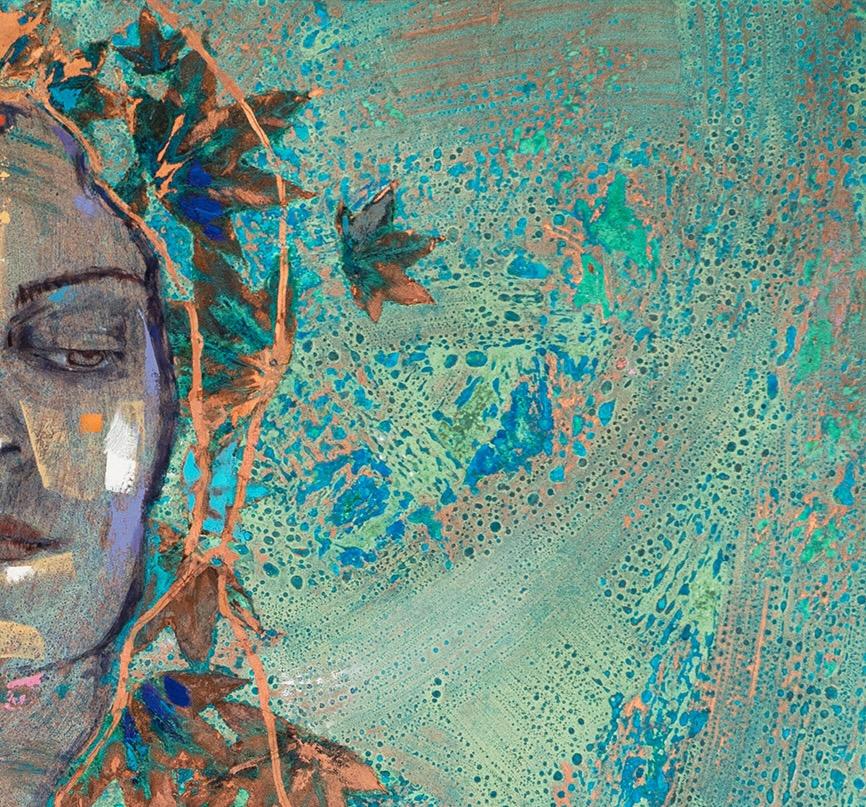 “Gatherer” Oil painting on Copper - Exotic Female Figure blue oxidized patina - Painting by Richard Hawk