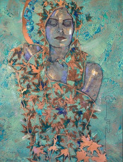 “Gatherer” Oil painting on Copper - Exotic Female Figure blue oxidized patina