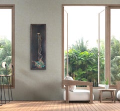 Pflanzgefäße, Ölgemälde auf Kupfer – exotische, geblümte, blaue, oxidierte Patina