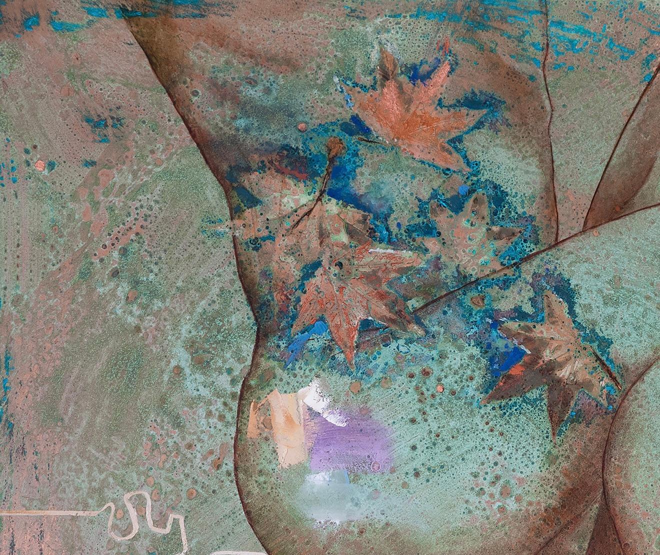 „RELEASE“ – Ölgemälde auf Kupfer   Weiblicher Akt abstrakt blau oxidierte Patina – Painting von Richard Hawk