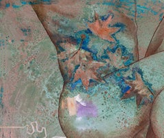 "RELEASE" - Oil painting on Copper   Female Nude abstract blue oxidized patina