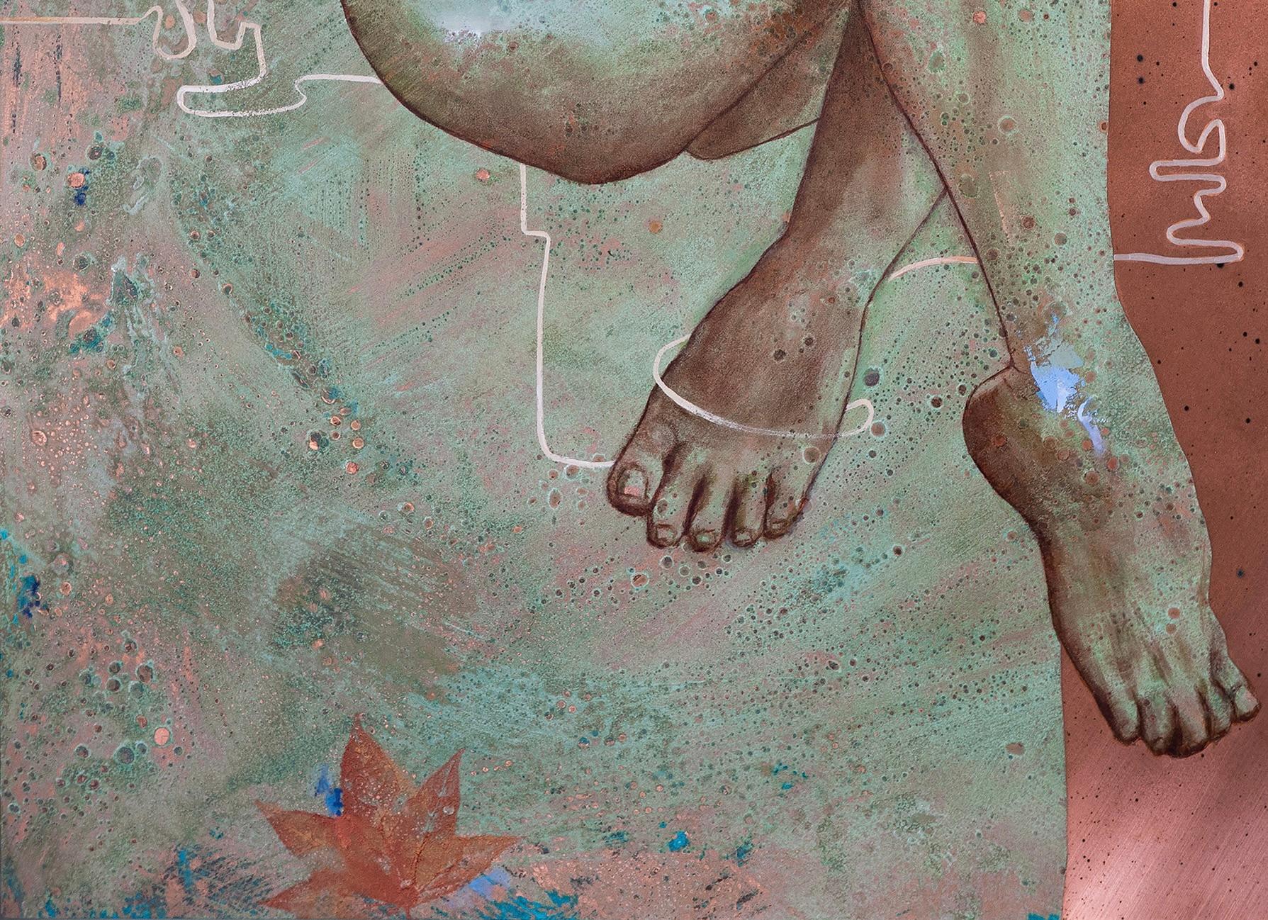 „RELEASE“ – Ölgemälde auf Kupfer   Weiblicher Akt abstrakt blau oxidierte Patina (Zeitgenössisch), Painting, von Richard Hawk