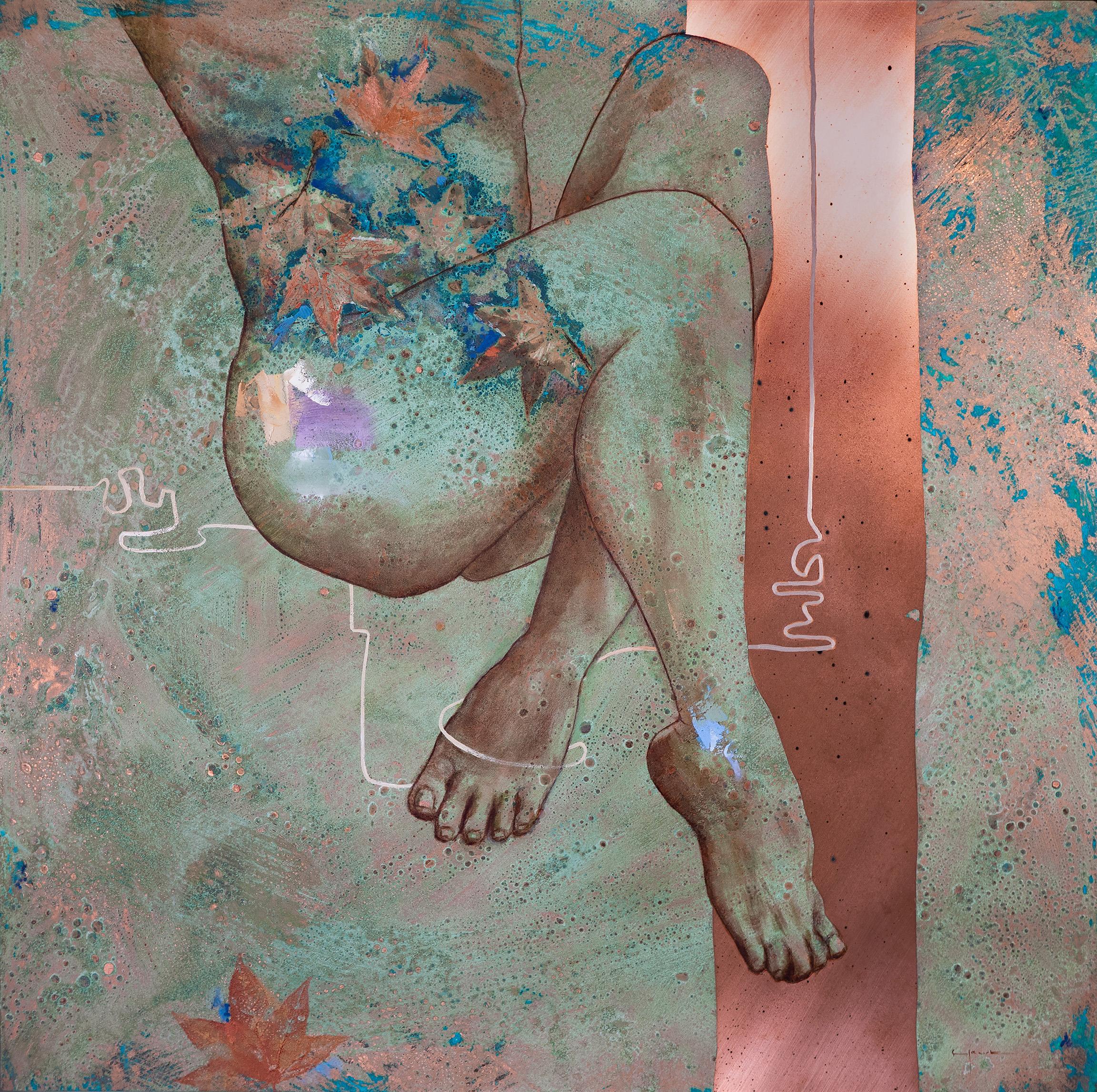 Richard Hawk Figurative Painting - "RELEASE" - Oil painting on Copper   Female Nude abstract blue oxidized patina