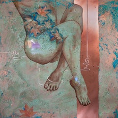 „RELEASE“ – Ölgemälde auf Kupfer   Weiblicher Akt abstrakt blau oxidierte Patina