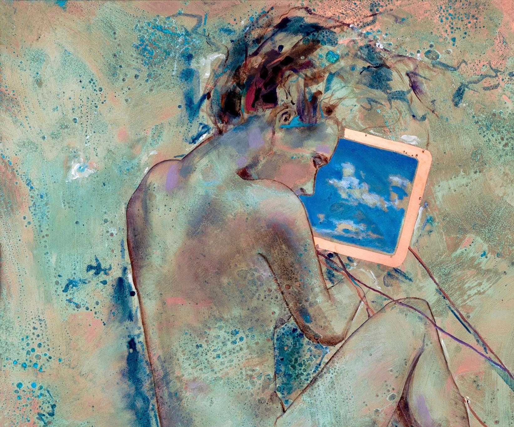 Skies Remembered - Peinture  l'huile sur cuivre   Patine oxyde bleue pour femme nue - Painting de Richard Hawk