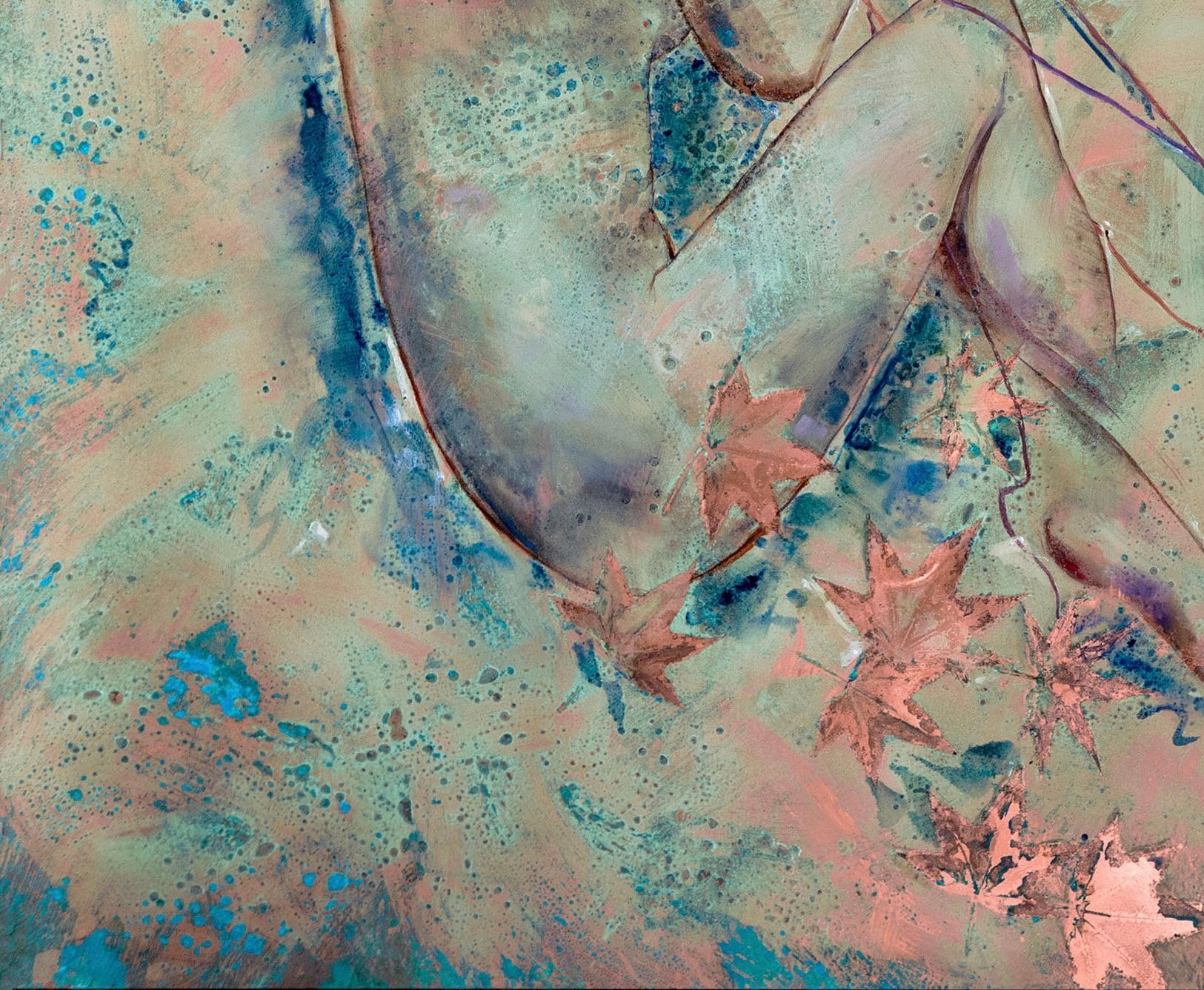 Skies Remembered - Peinture  l'huile sur cuivre   Patine oxyde bleue pour femme nue - Marron Abstract Painting par Richard Hawk