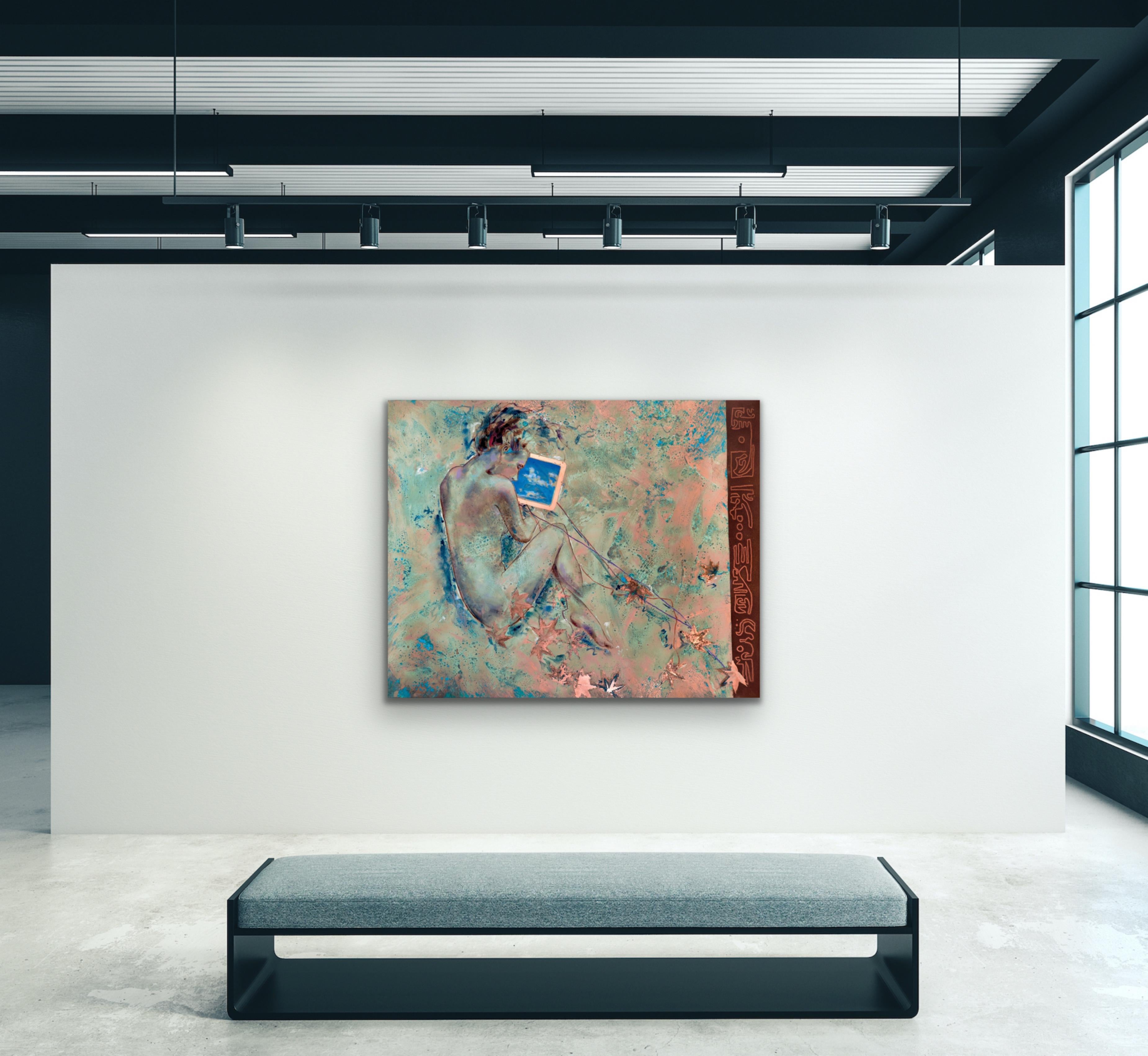 Skies Remembered - Peinture  l'huile sur cuivre   Patine oxyde bleue pour femme nue en vente 3