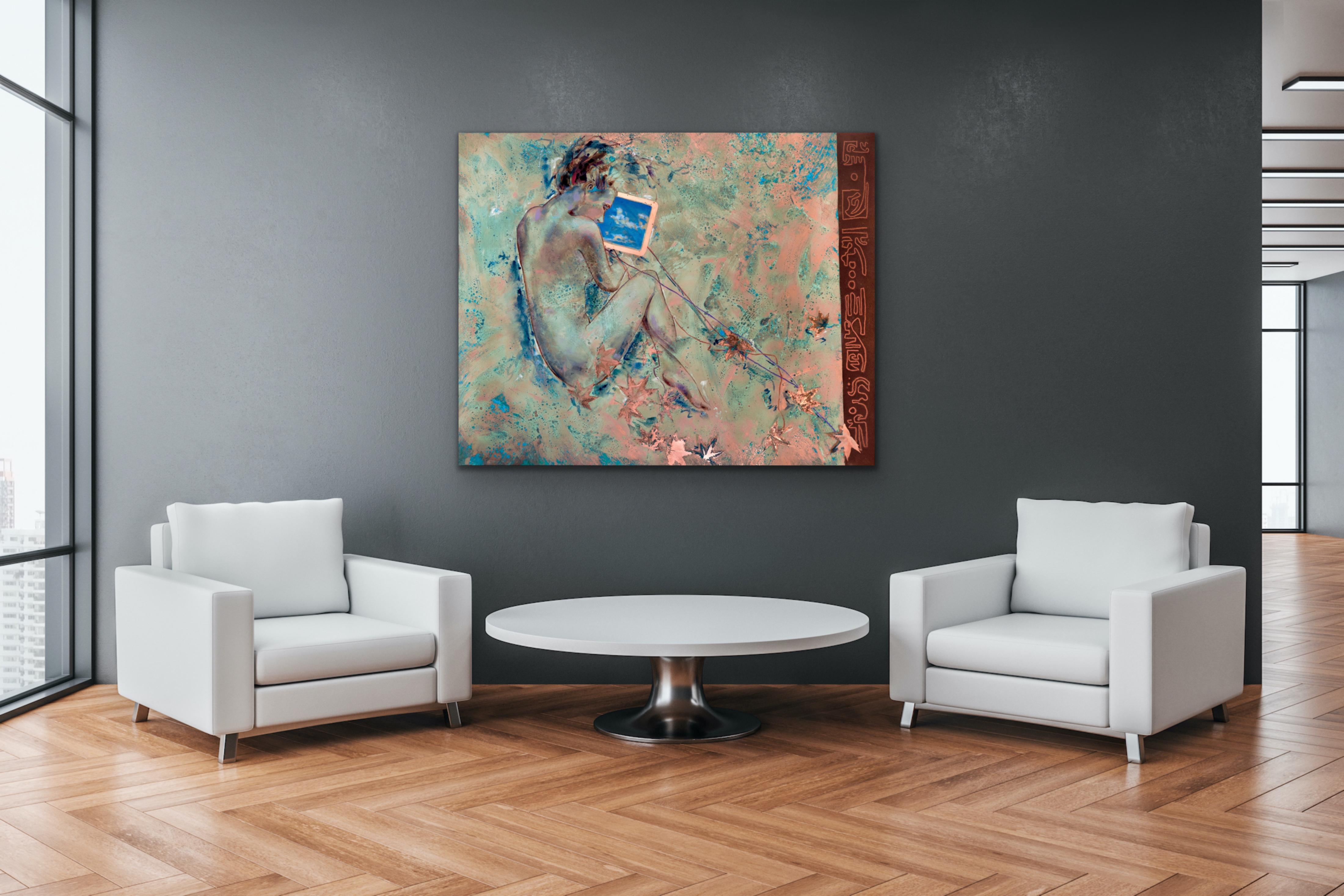 Skies Remembered - Peinture  l'huile sur cuivre   Patine oxyde bleue pour femme nue en vente 4